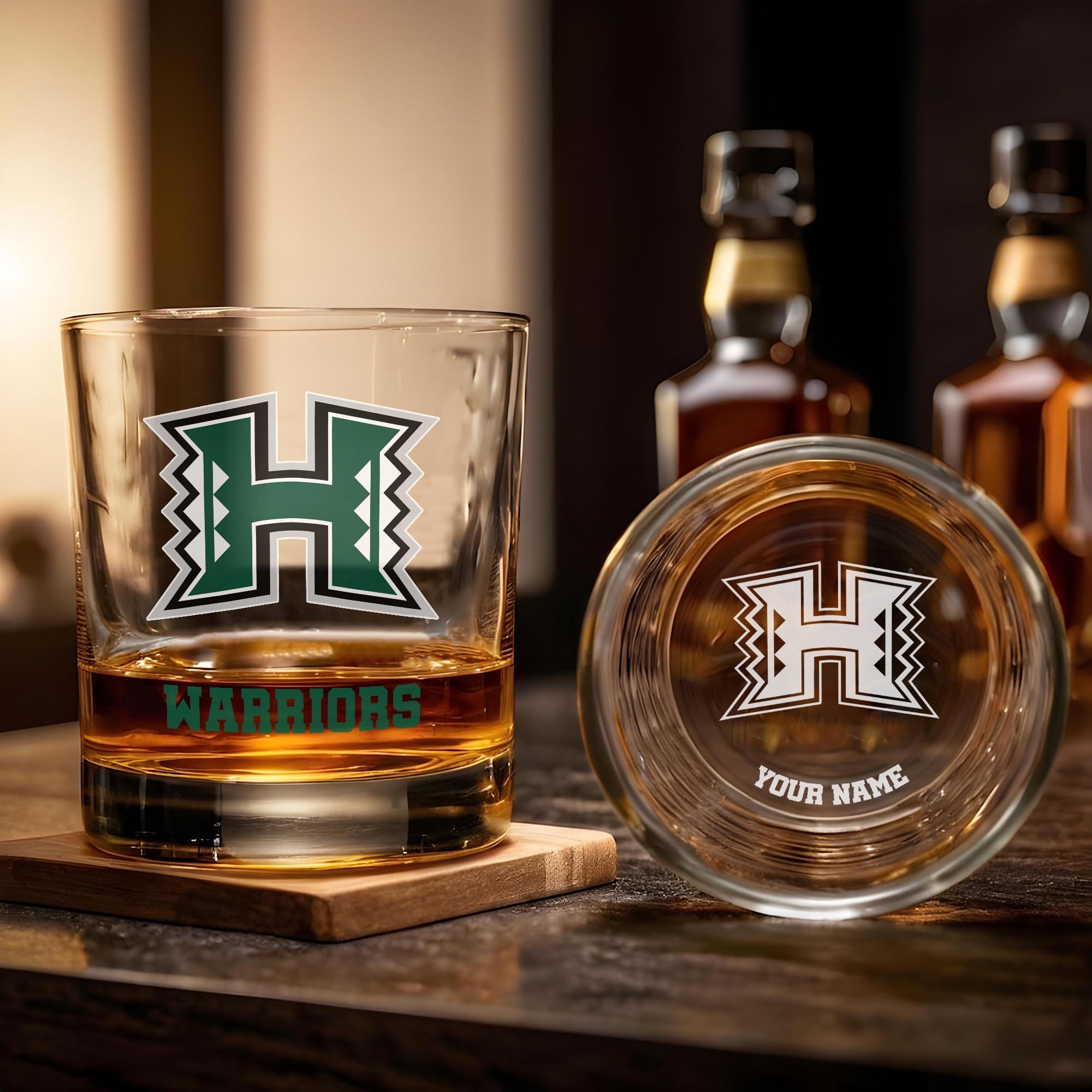 Alternative view of Hawaii Rainbow Warriors Engraved Whiskey Glass Custom Your Name, Groomsman 11oz Whiskey Glass, Football Gift, Gifts for Dad EHIVM-03271494