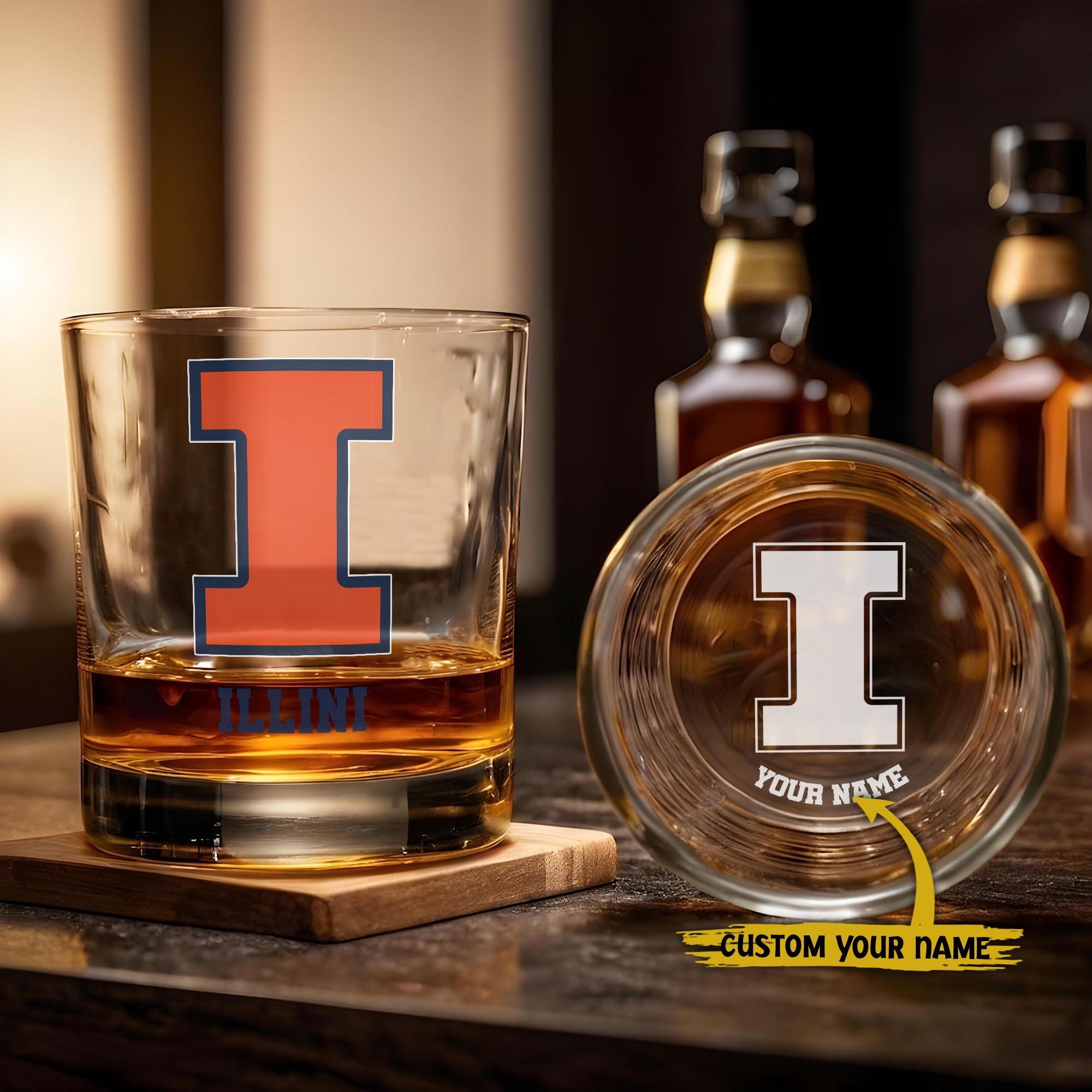 Illinois Fighting Illini Engraved Whiskey Glass Custom Your Name, Groomsman 11oz Whiskey Glass, Football Gift, Gifts for Dad EHIVM-03271494