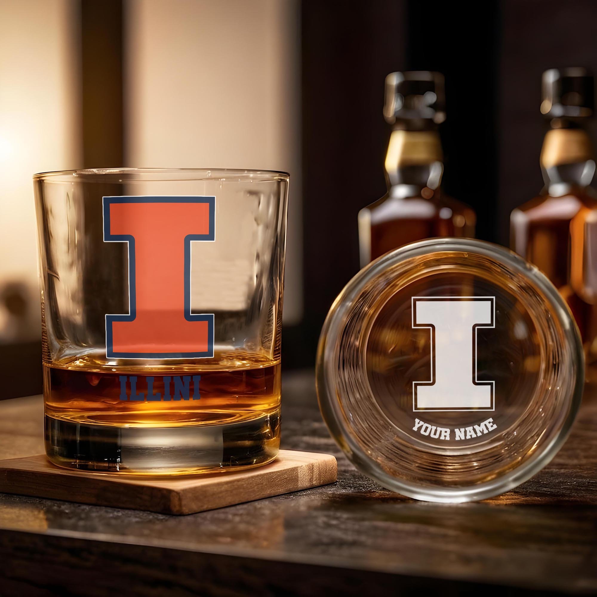 Alternative view of Illinois Fighting Illini Engraved Whiskey Glass Custom Your Name, Groomsman 11oz Whiskey Glass, Football Gift, Gifts for Dad EHIVM-03271494