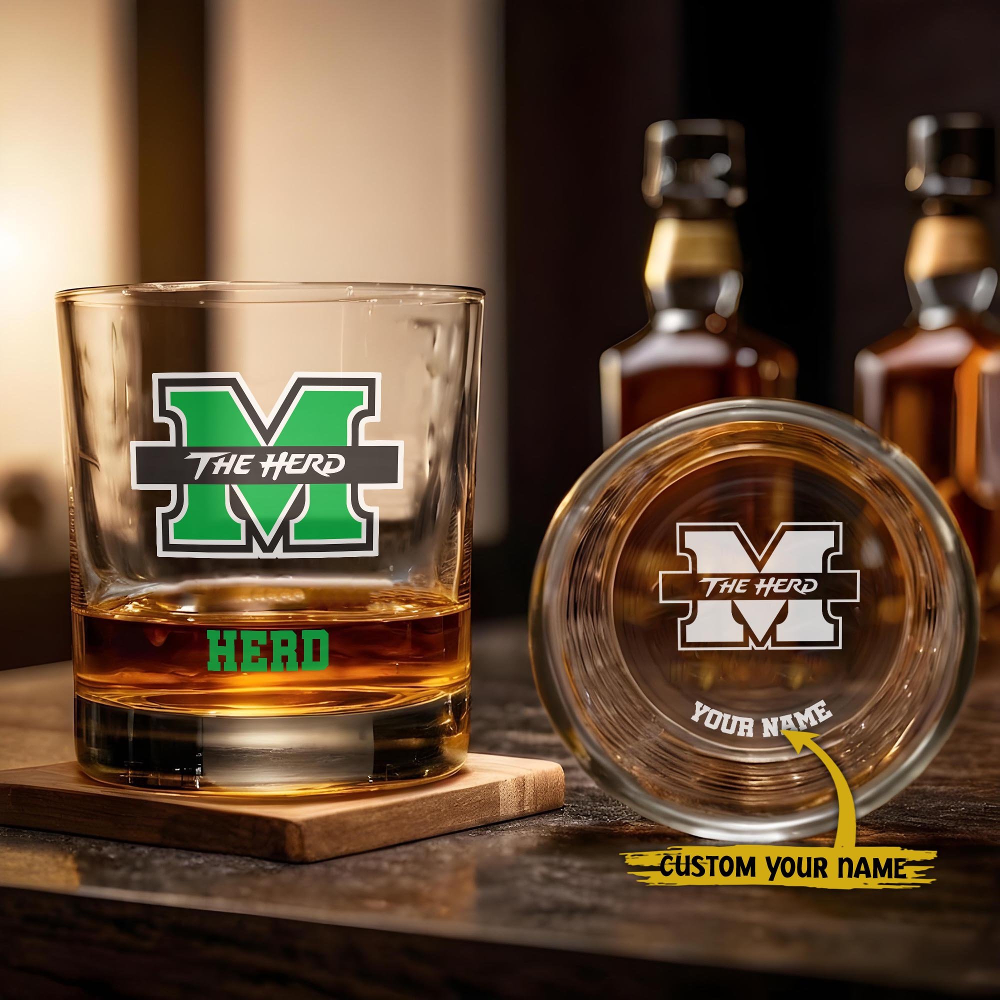 Marshall Thundering Herd Engraved Whiskey Glass Custom Your Name, Groomsman 11oz Whiskey Glass, Football Gift, Gifts for Dad EHIVM-03271494
