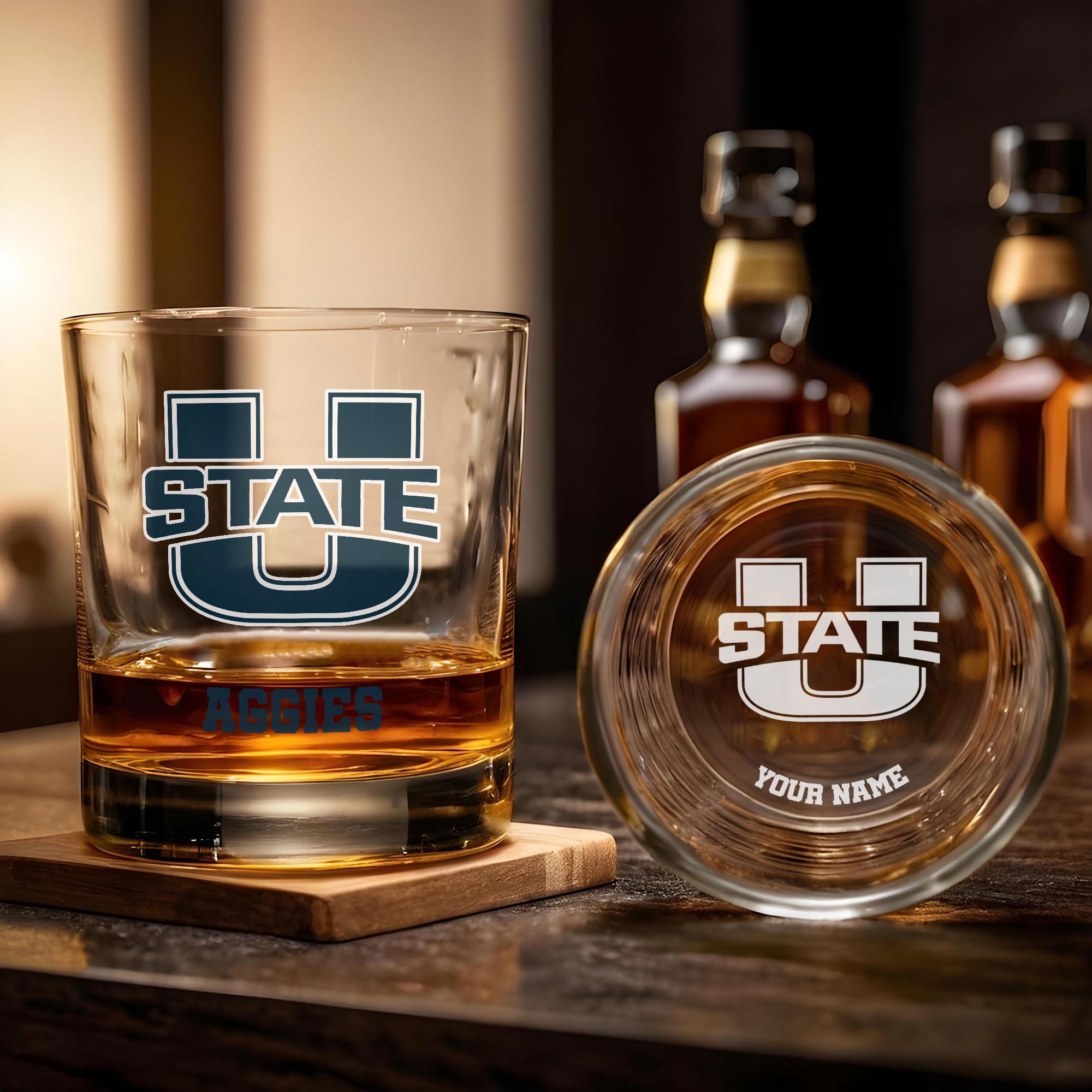Alternative view of Utah State Aggies Engraved Whiskey Glass Custom Your Name, Groomsman 11oz Whiskey Glass, Football Gift, Gifts for Dad EHIVM-03271494