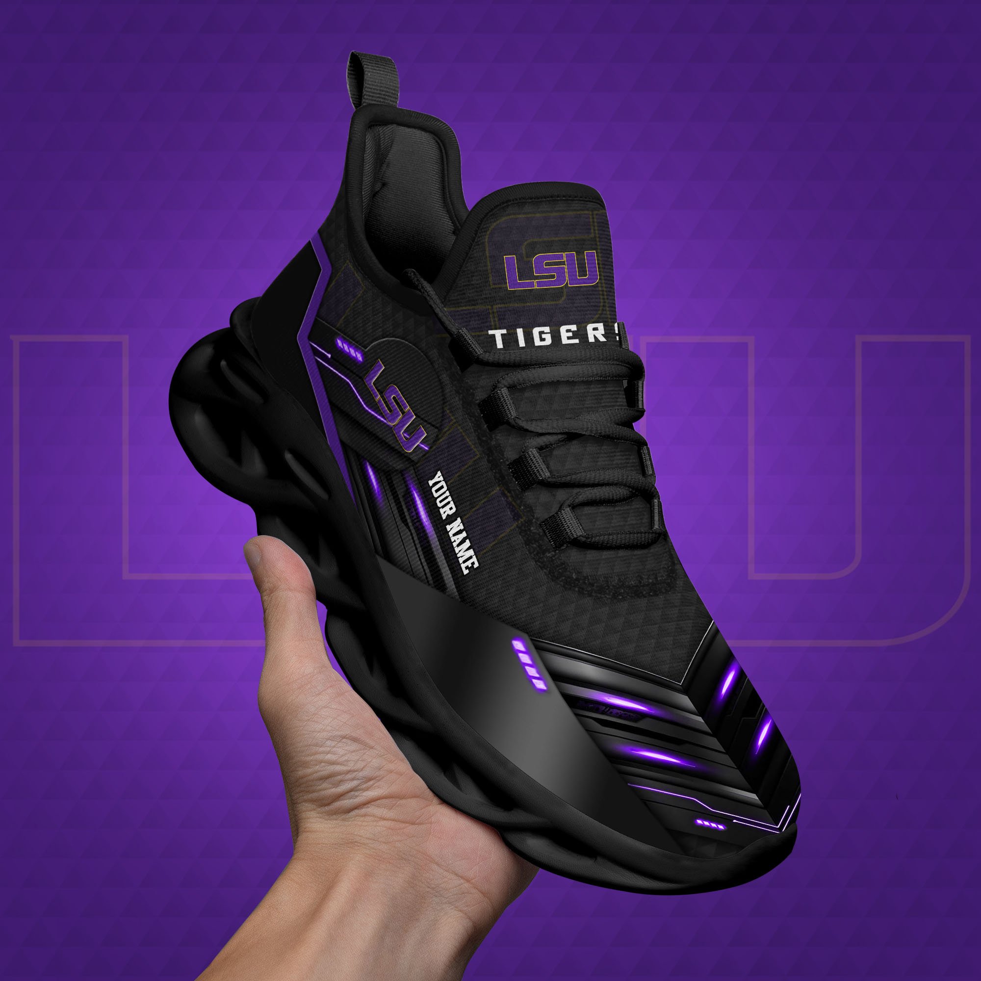 LSU TIGERS Black Clunky Sneaker Custom Name, Max Soul Shoes, Sport Gifts For Fan ETRG-03111200