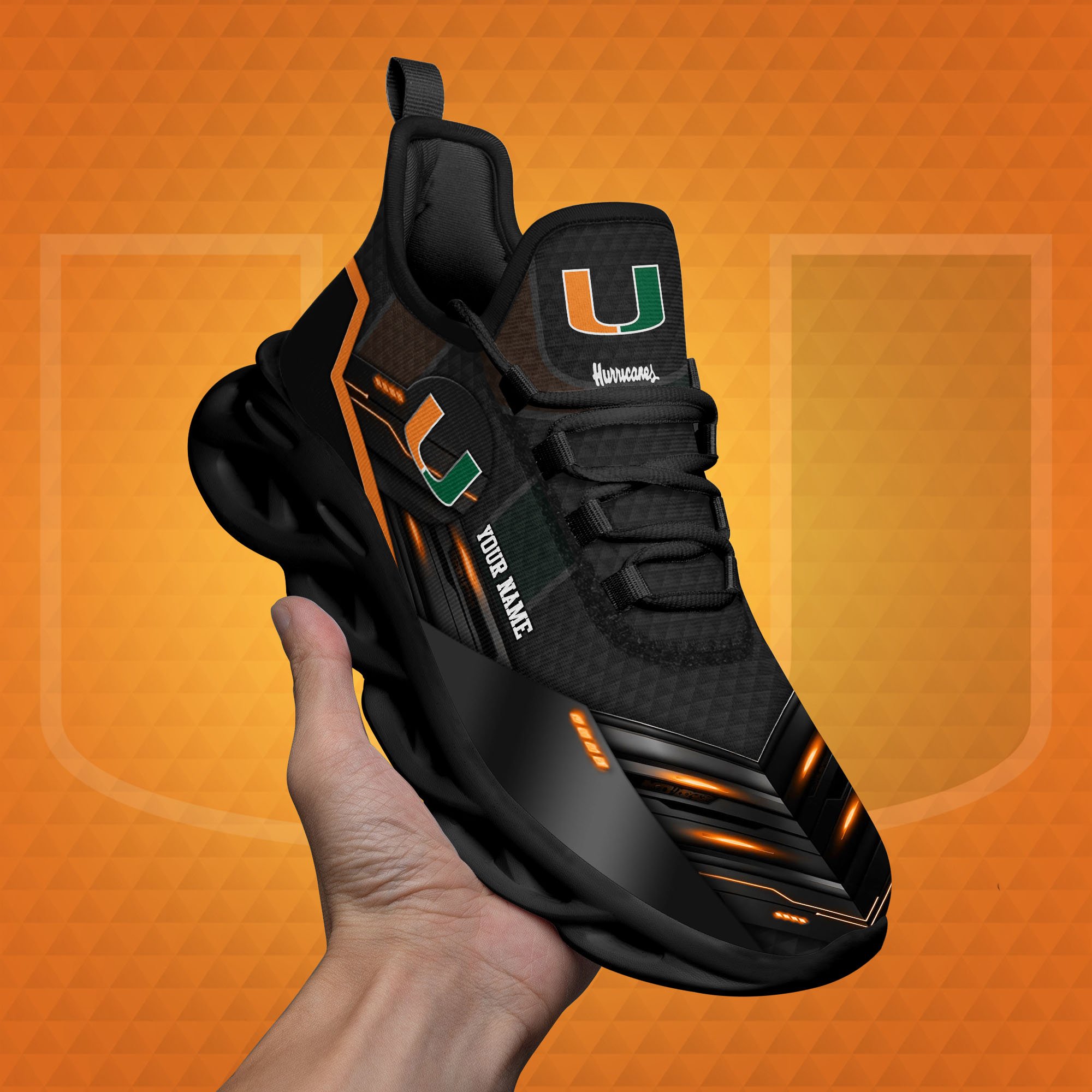 Miami Hurricanes Black Clunky Sneaker Custom Name, Max Soul Shoes, Sport Gifts For Fan ETRG-03111200