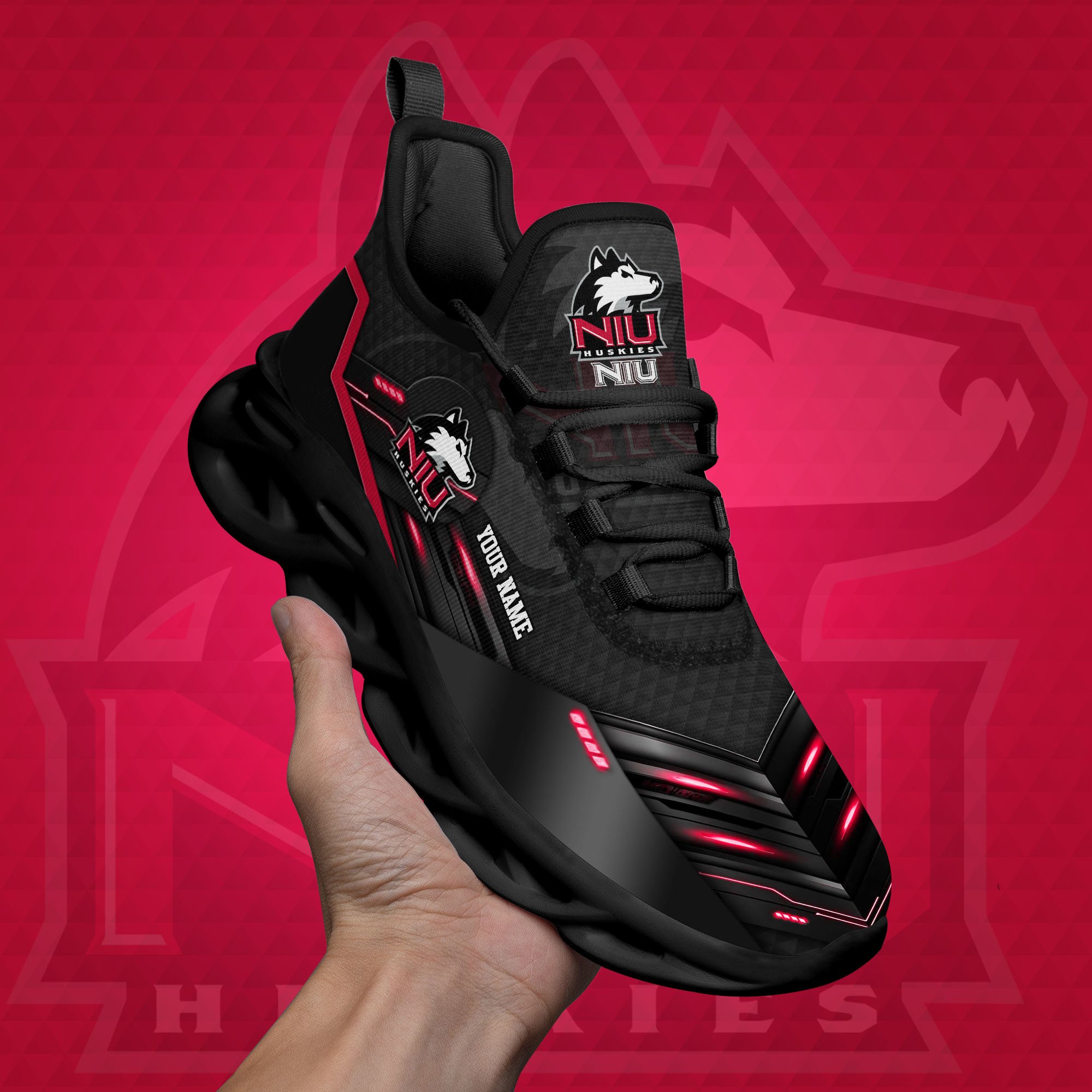 Northern Illinois Huskies Black Clunky Sneaker Custom Name, Max Soul Shoes, Sport Gifts For Fan ETRG-03111200
