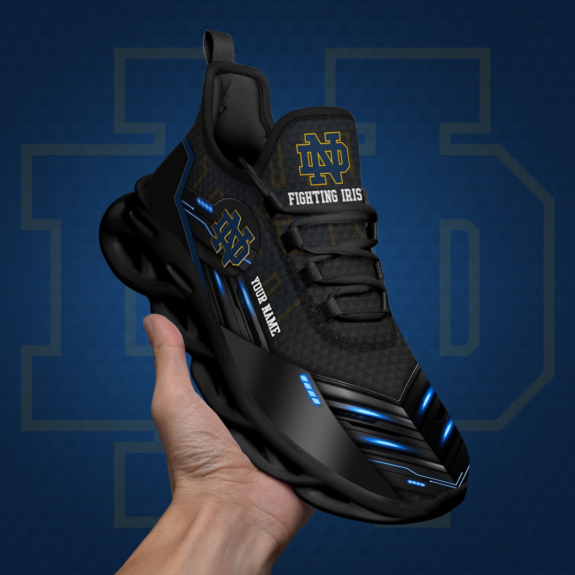 Notre Dame Fighting Irish Black Clunky Sneaker Custom Name, Max Soul Shoes, Sport Gifts For Fan ETRG-03111200
