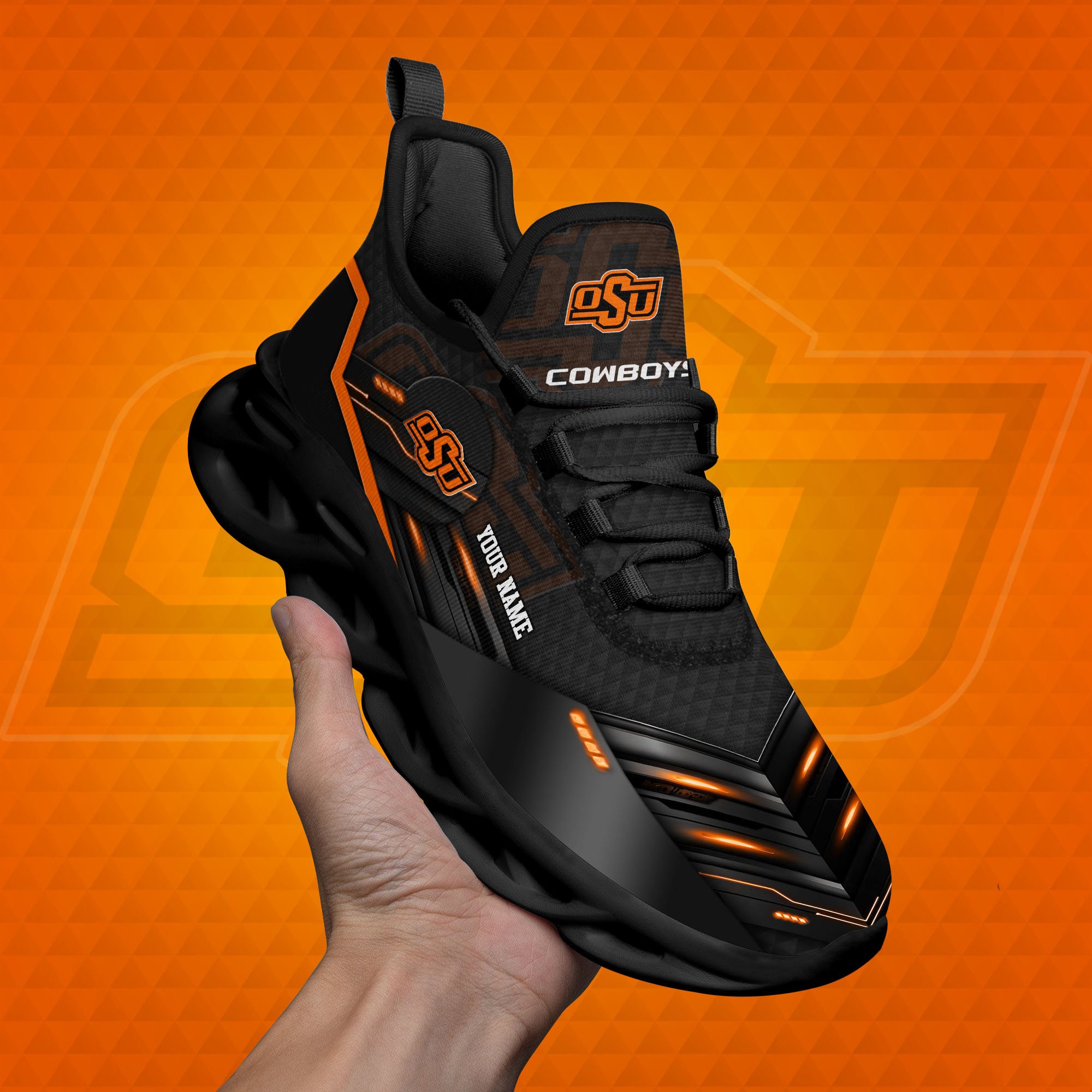 Oklahoma State Cowboys Black Clunky Sneaker Custom Name, Max Soul Shoes, Sport Gifts For Fan ETRG-03111200