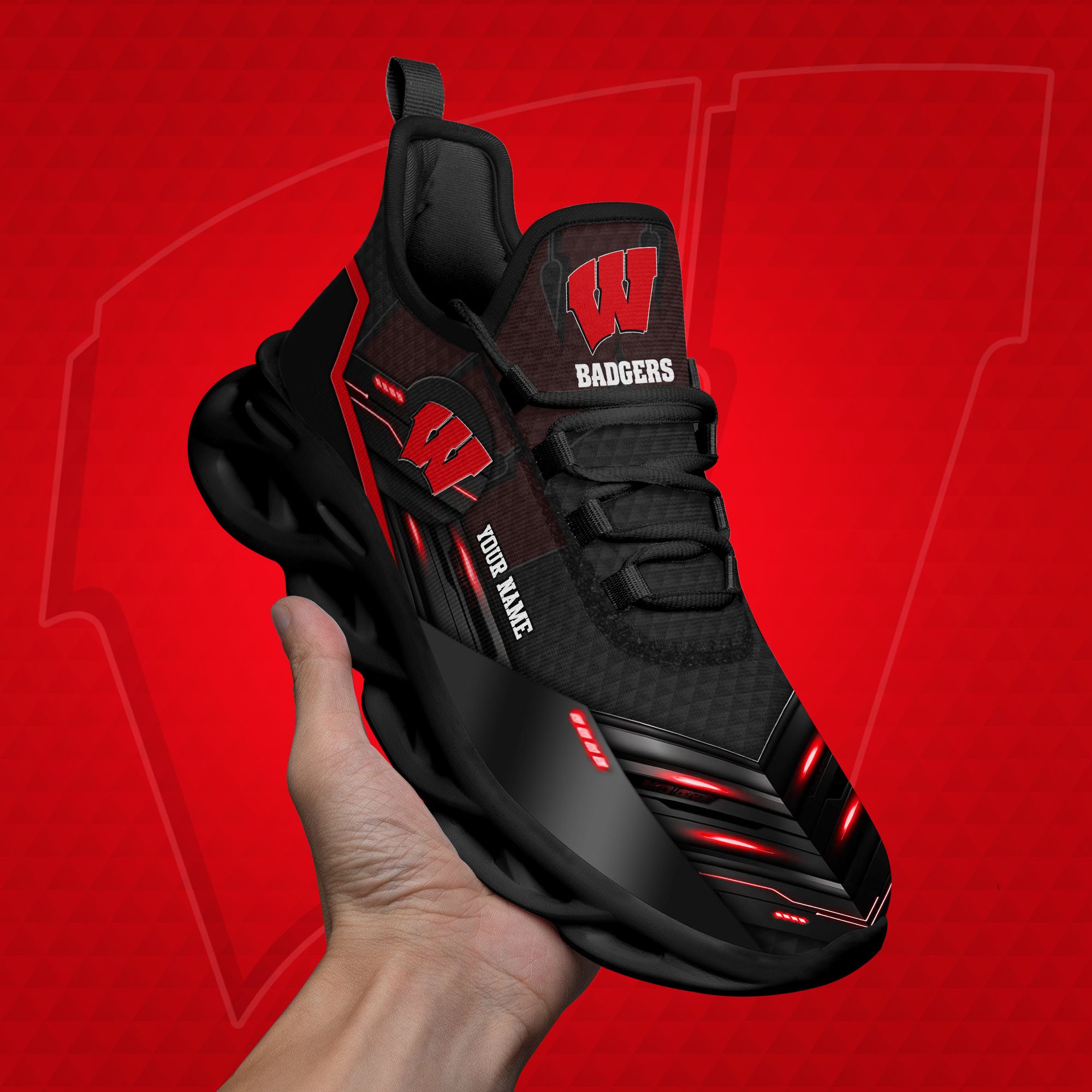 Wisconsin Badgers Black Clunky Sneaker Custom Name, Max Soul Shoes, Sport Gifts For Fan ETRG-03111200