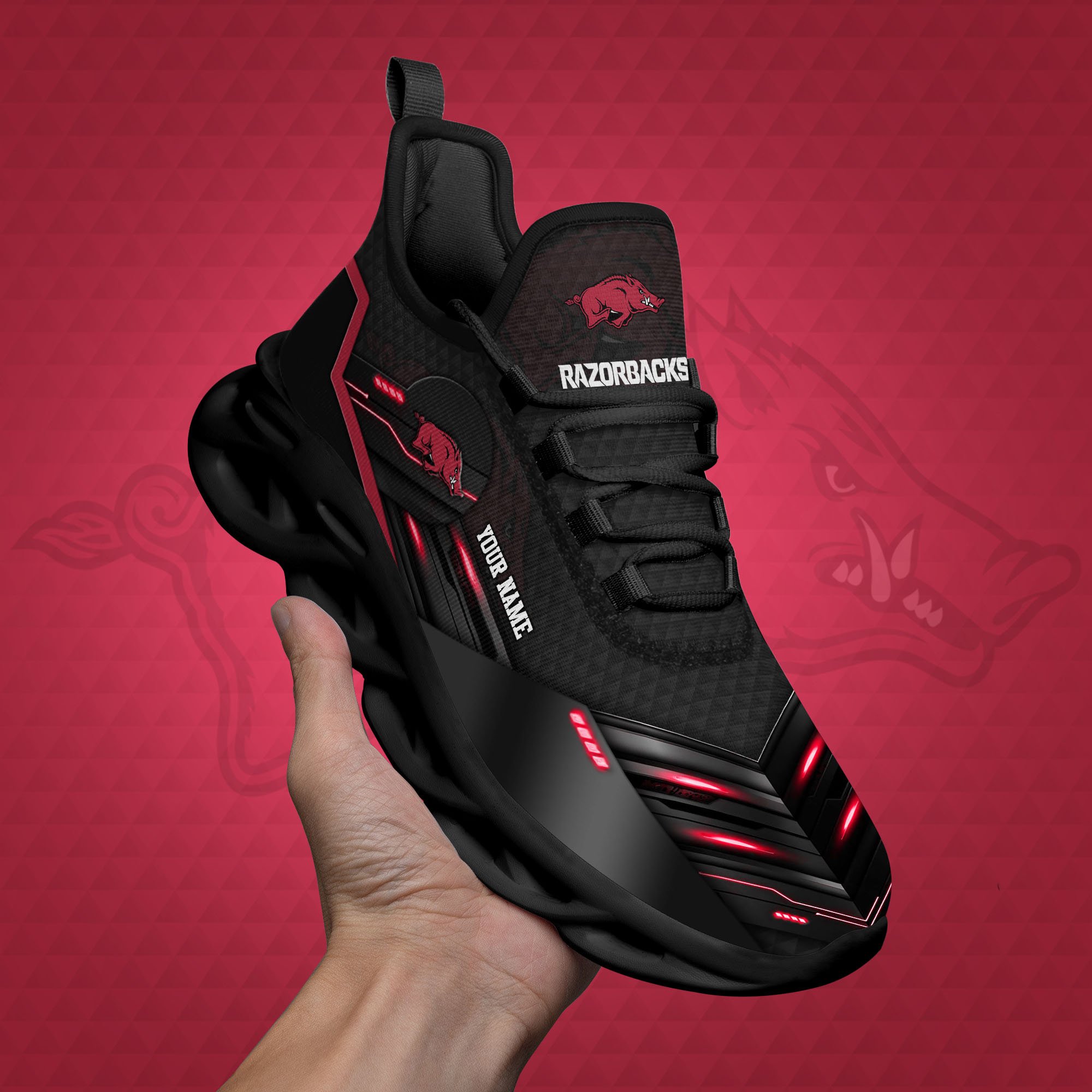Arkansas Razorbacks Black Clunky Sneaker Custom Name, Max Soul Shoes, Sport Gifts For Fan ETRG-03111200