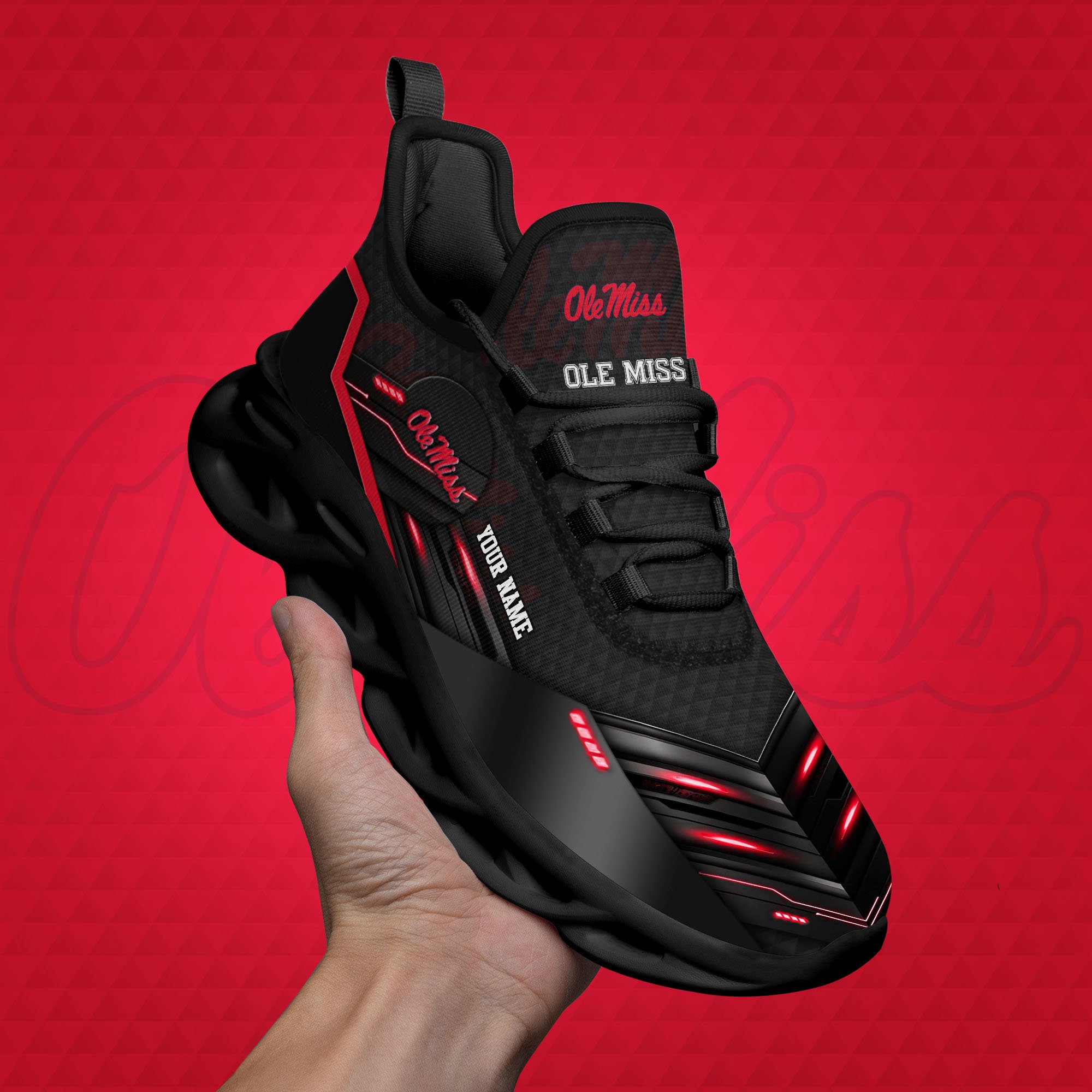 Ole Miss Rebels Black Clunky Sneaker Custom Name, Max Soul Shoes, Sport Gifts For Fan ETRG-03111200