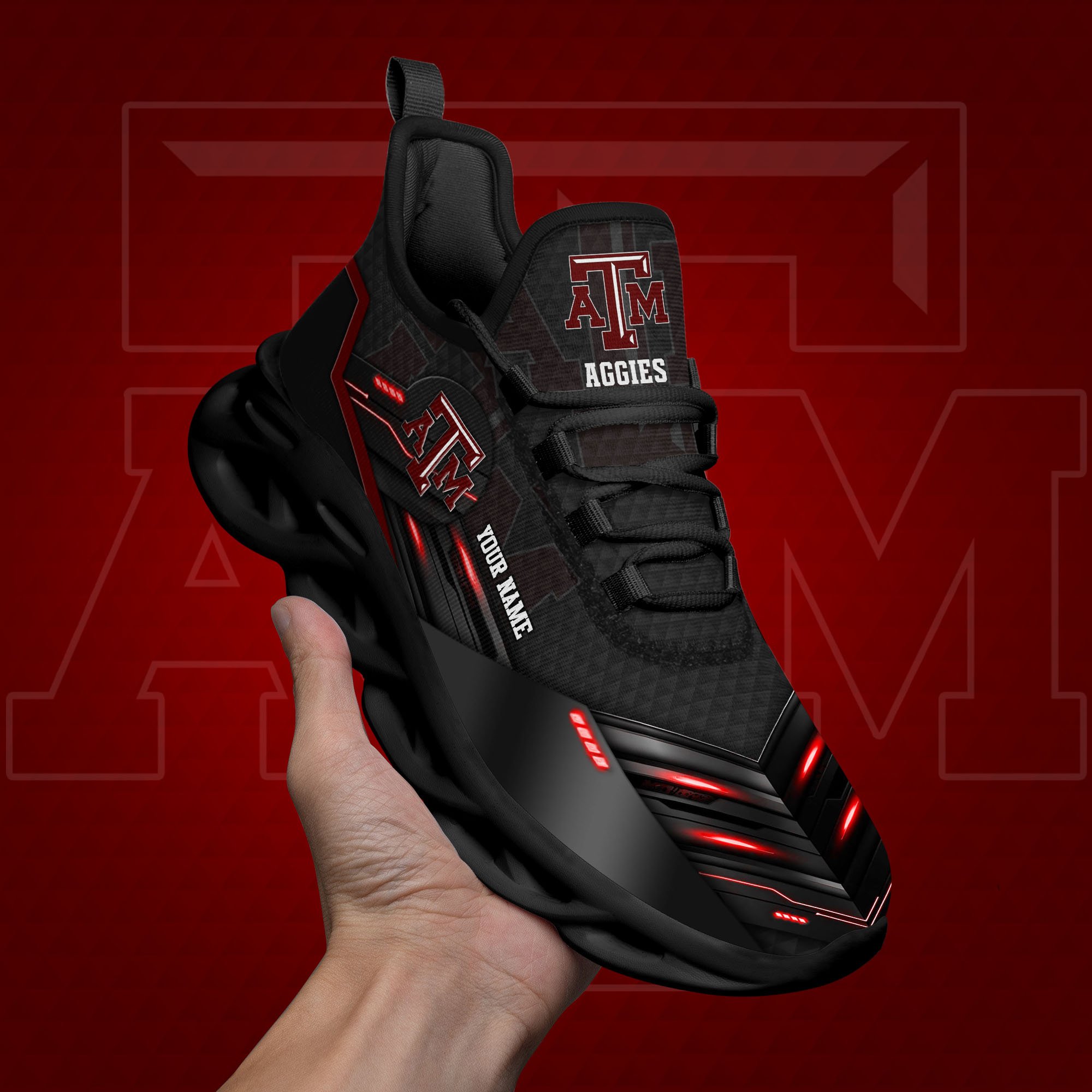 Texas A&M Aggies Black Clunky Sneaker Custom Name, Max Soul Shoes, Sport Gifts For Fan ETRG-03111200