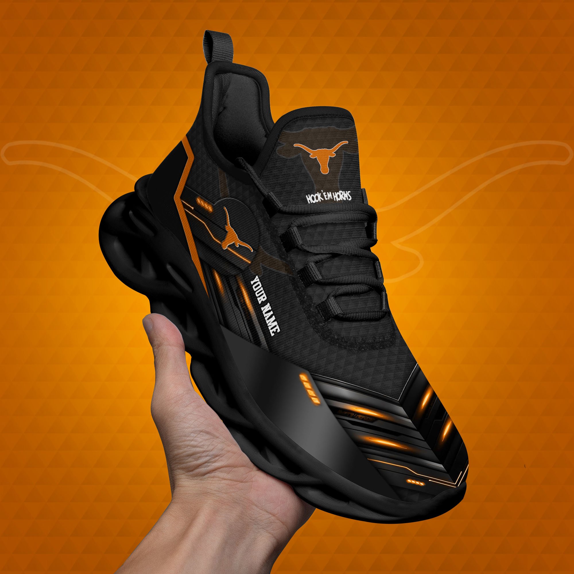 Texas Longhorns Black Clunky Sneaker Custom Name, Max Soul Shoes, Sport Gifts For Fan ETRG-03111200