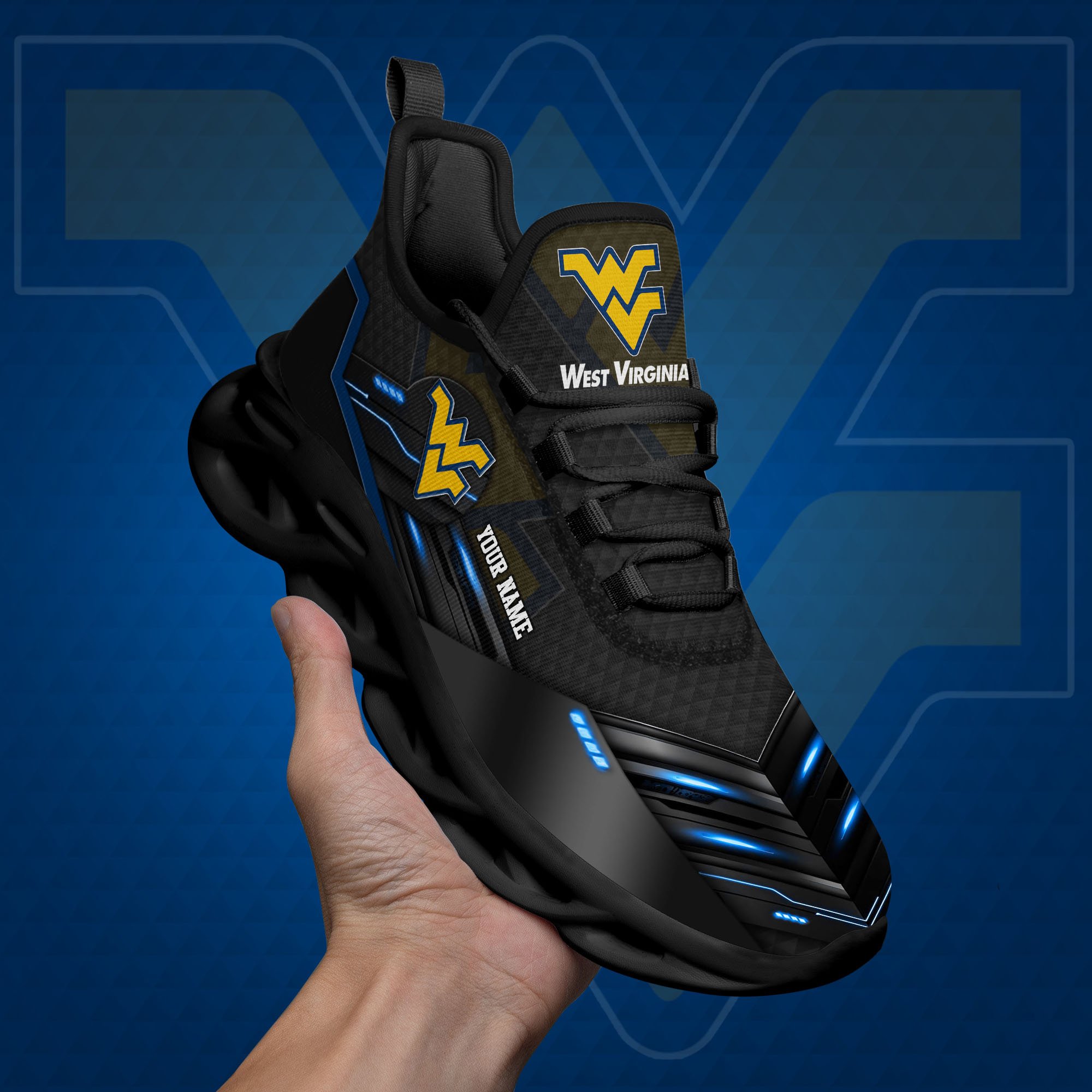 West Virginia Mountaineers Black Clunky Sneaker Custom Name, Max Soul Shoes, Sport Gifts For Fan ETRG-03111200