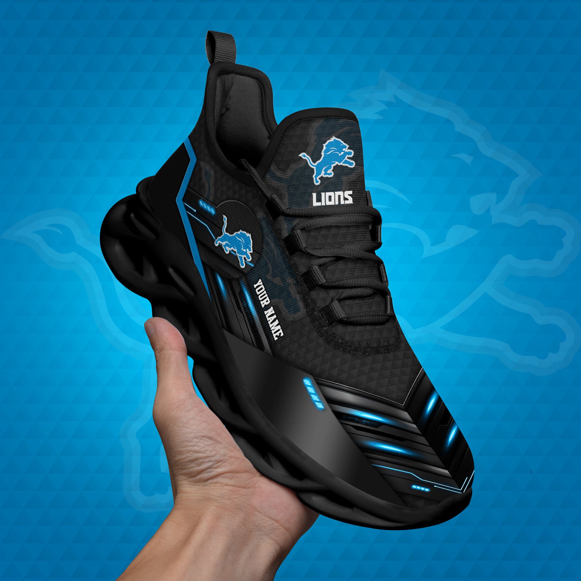 Detroit Lions Black Clunky Sneaker Custom Name, Max Soul Shoes, Sport Gifts For Fan ETRG-03311527
