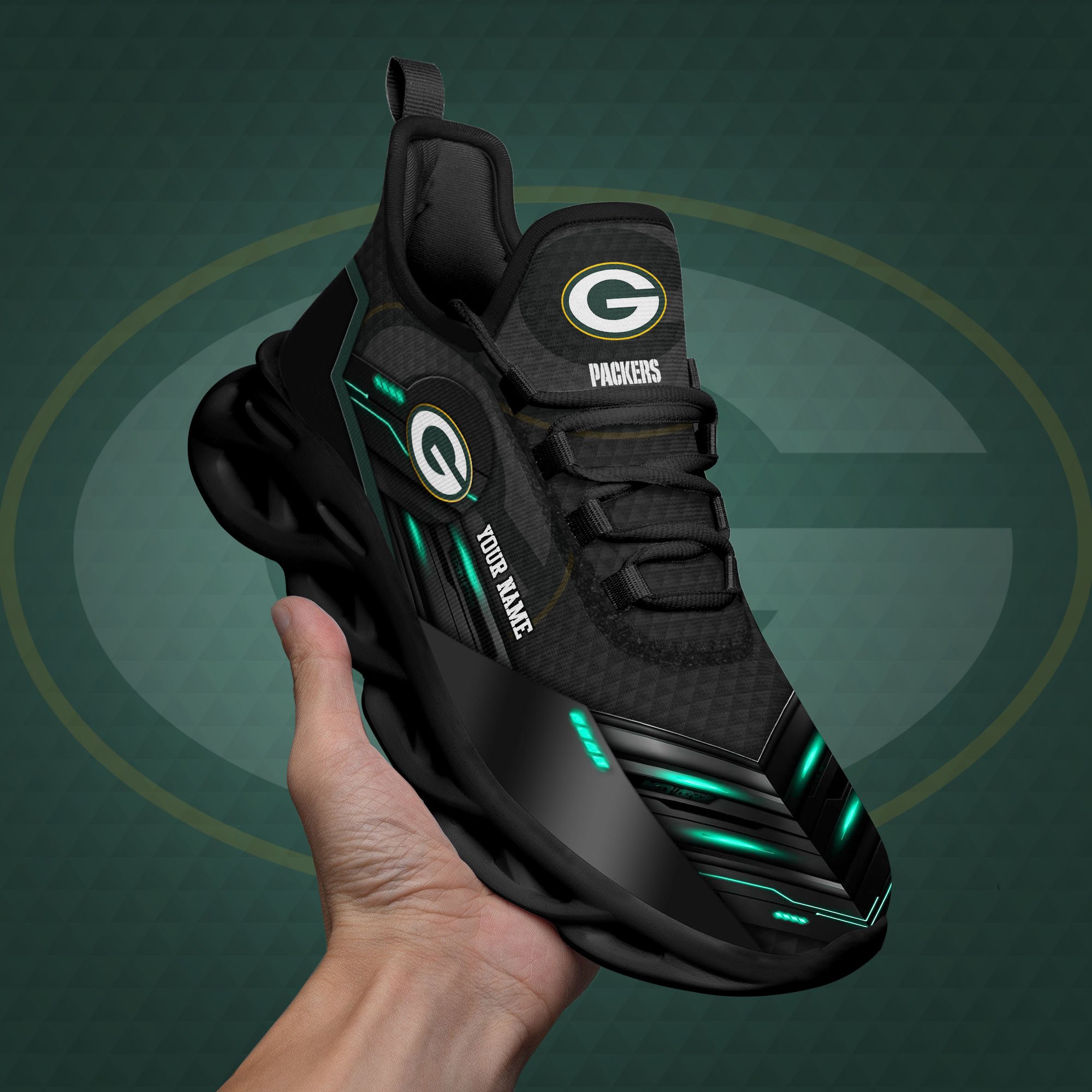 Green Bay Packers Black Clunky Sneaker Custom Name, Max Soul Shoes, Sport Gifts For Fan ETRG-03311527