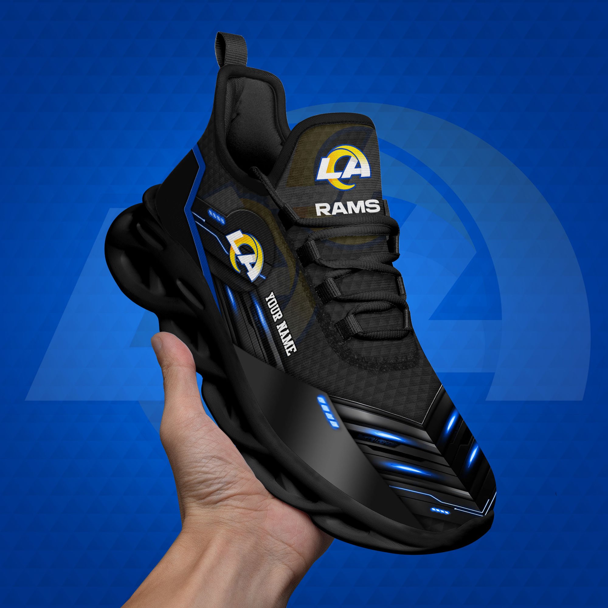 Los Angeles Rams Black Clunky Sneaker Custom Name, Max Soul Shoes, Sport Gifts For Fan ETRG-03311527
