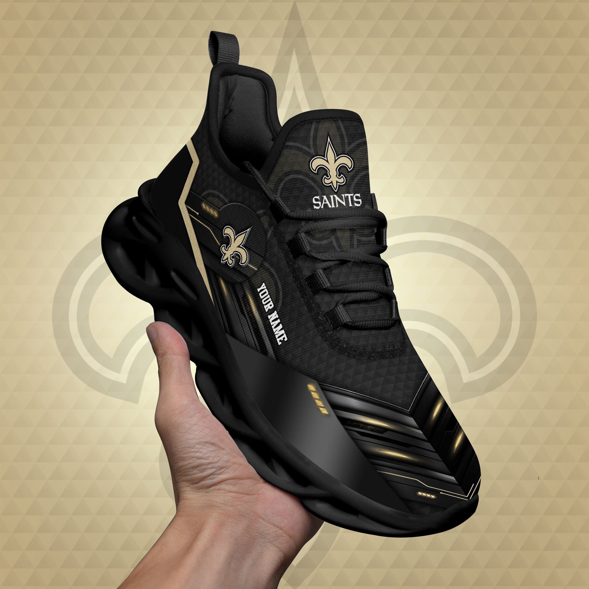 New Orleans Saints Black Clunky Sneaker Custom Name, Max Soul Shoes, Sport Gifts For Fan ETRG-03311527
