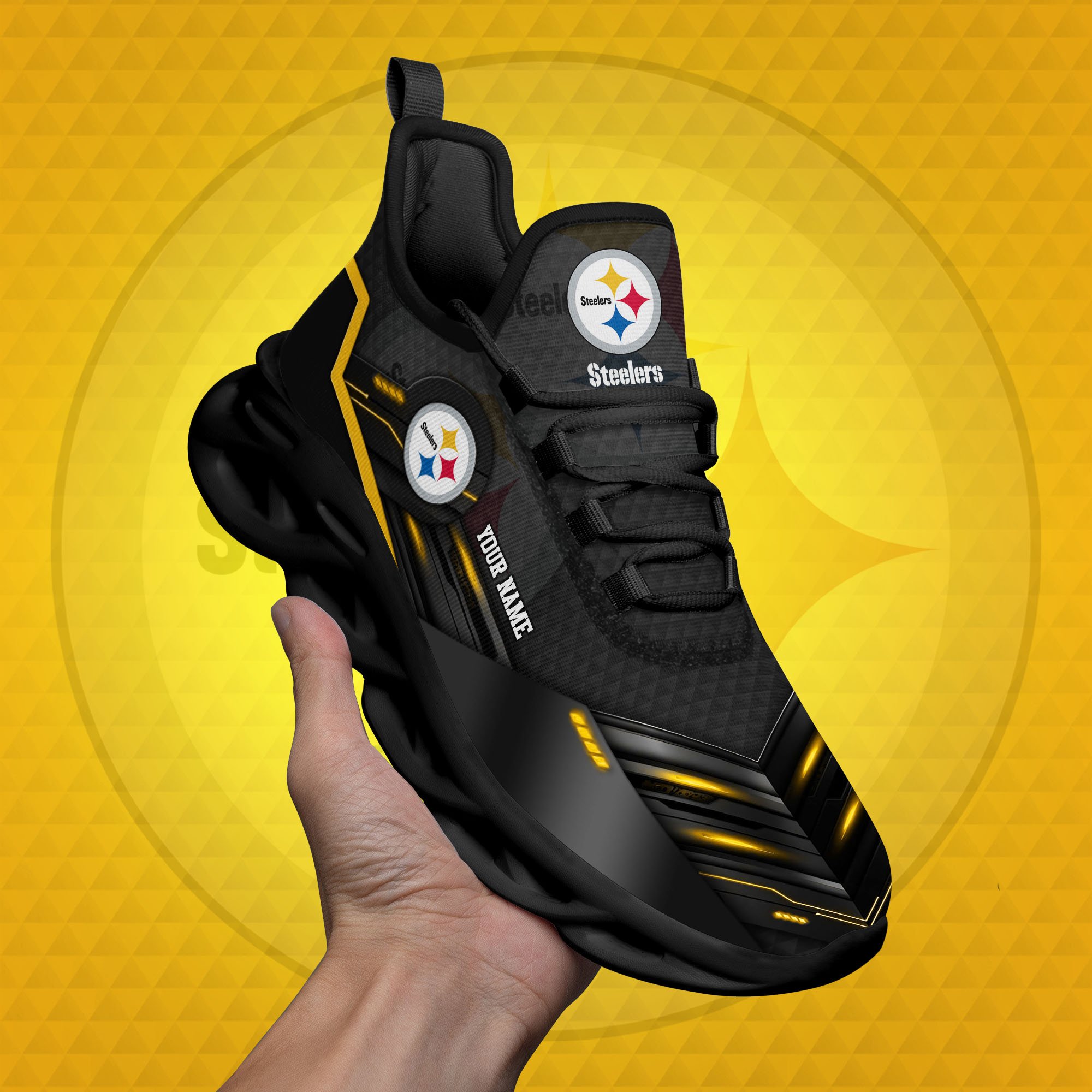 Pittsburgh Steelers Black Clunky Sneaker Custom Name, Max Soul Shoes, Sport Gifts For Fan ETRG-03311527