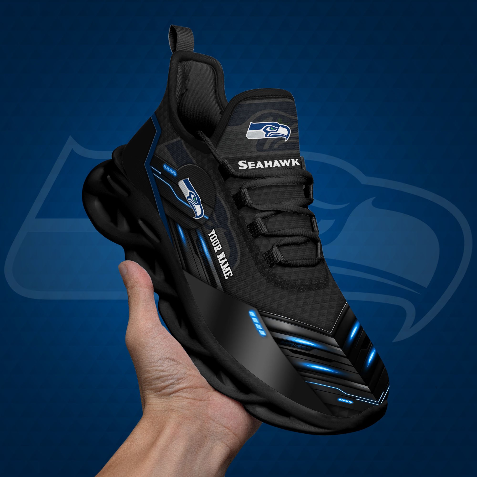 Seattle Seahawks Black Clunky Sneaker Custom Name, Max Soul Shoes, Sport Gifts For Fan ETRG-03311527