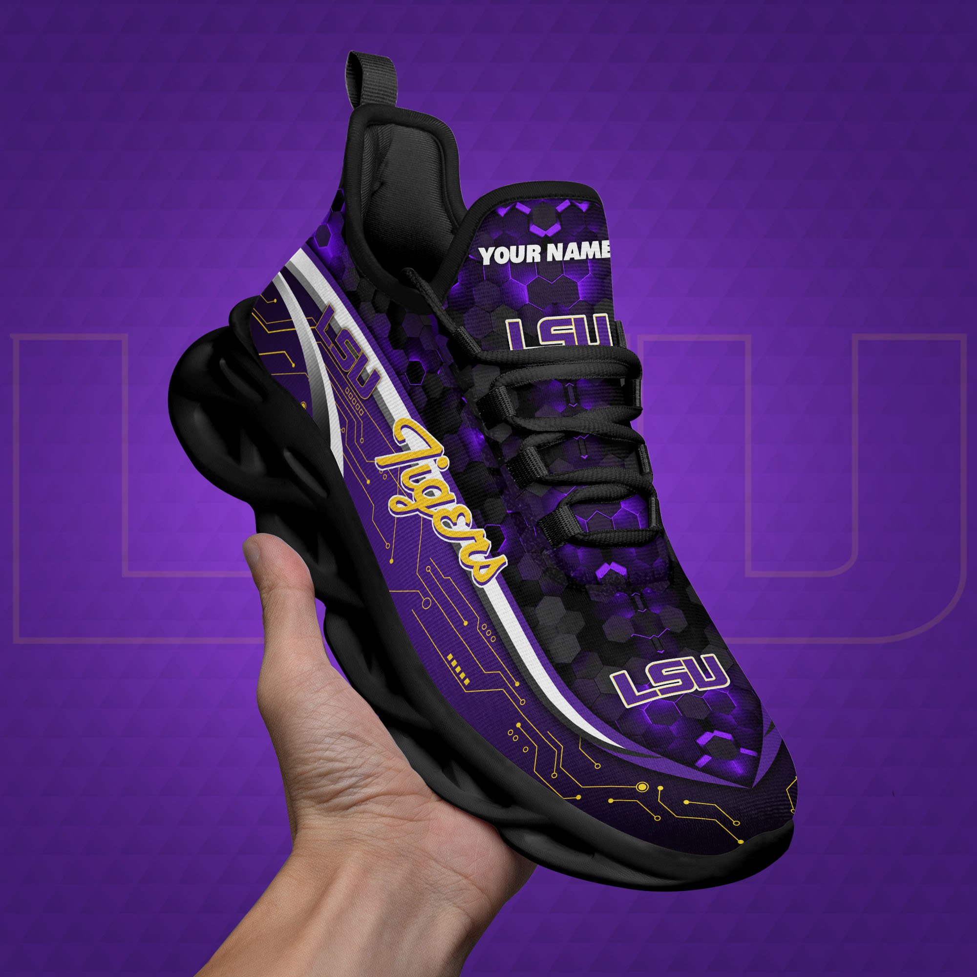 LSU TIGERS Black Clunky Sneakers Custom Name, Max Soul Shoes, Sport Gifts ETRG-0218937