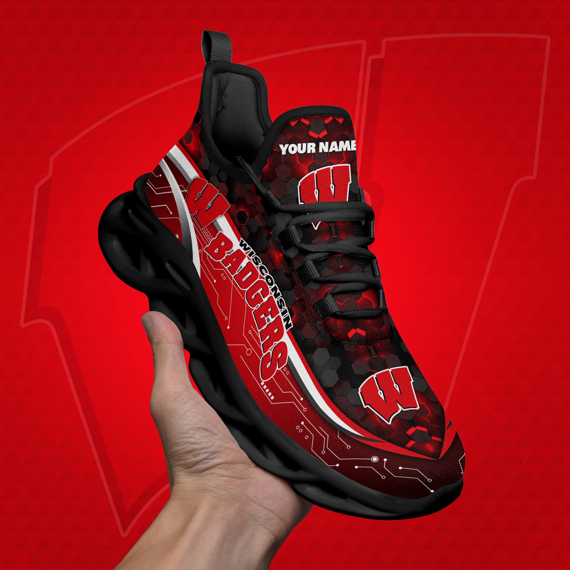 Wisconsin Badgers Black Clunky Sneakers Custom Name, Max Soul Shoes, Sport Gifts ETRG-0218937