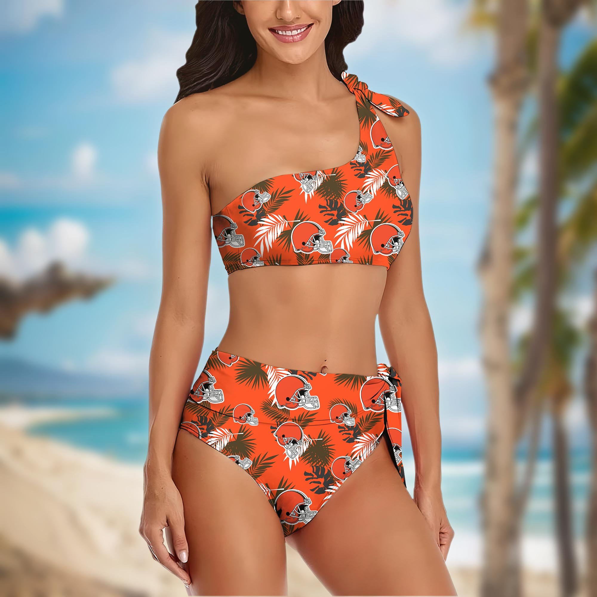 Alternative view of Cleveland Browns Women's One-shoulder Two Piece Swimsuit Set Custom Your Name, Bikini Suit Set, Football Gift EHIVM-03261465