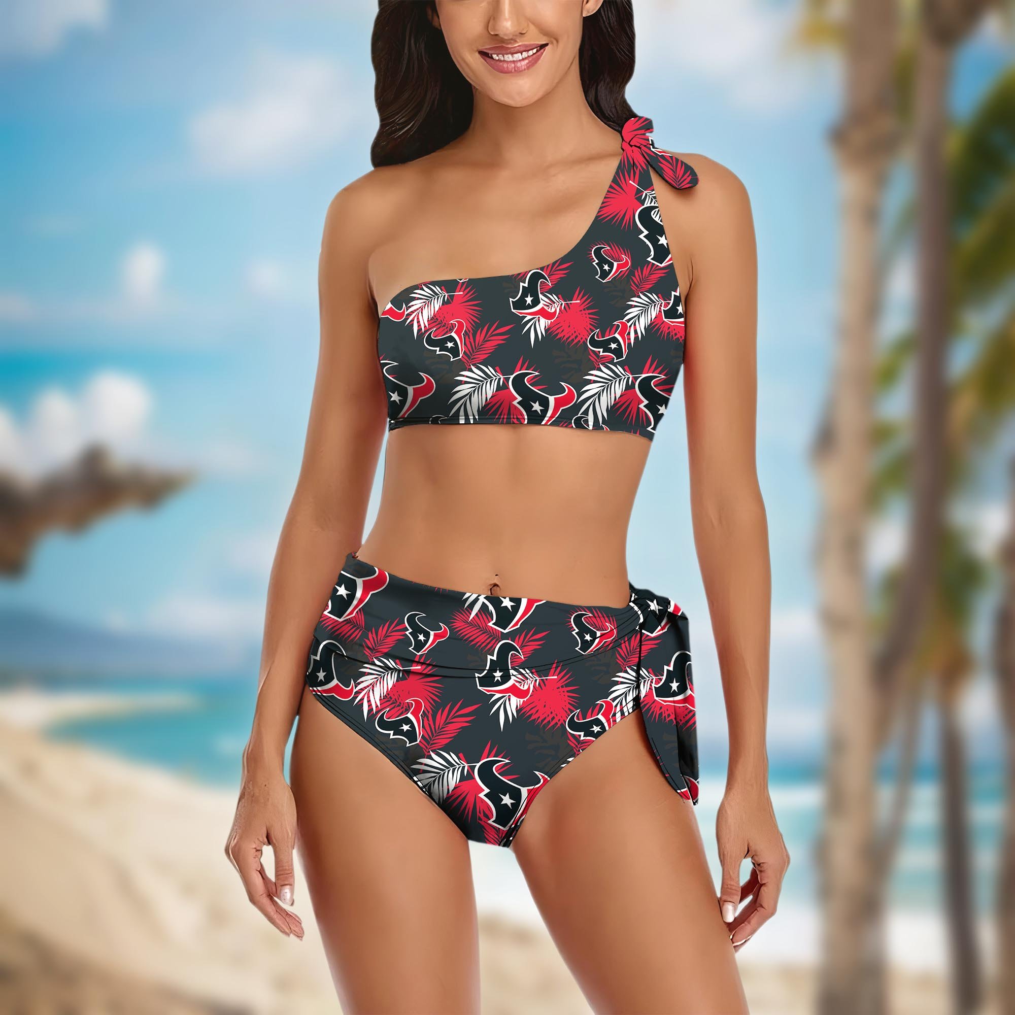Houston Texans Women's One-shoulder Two Piece Swimsuit Set Custom Your Name, Bikini Suit Set, Football Gift EHIVM-03261465