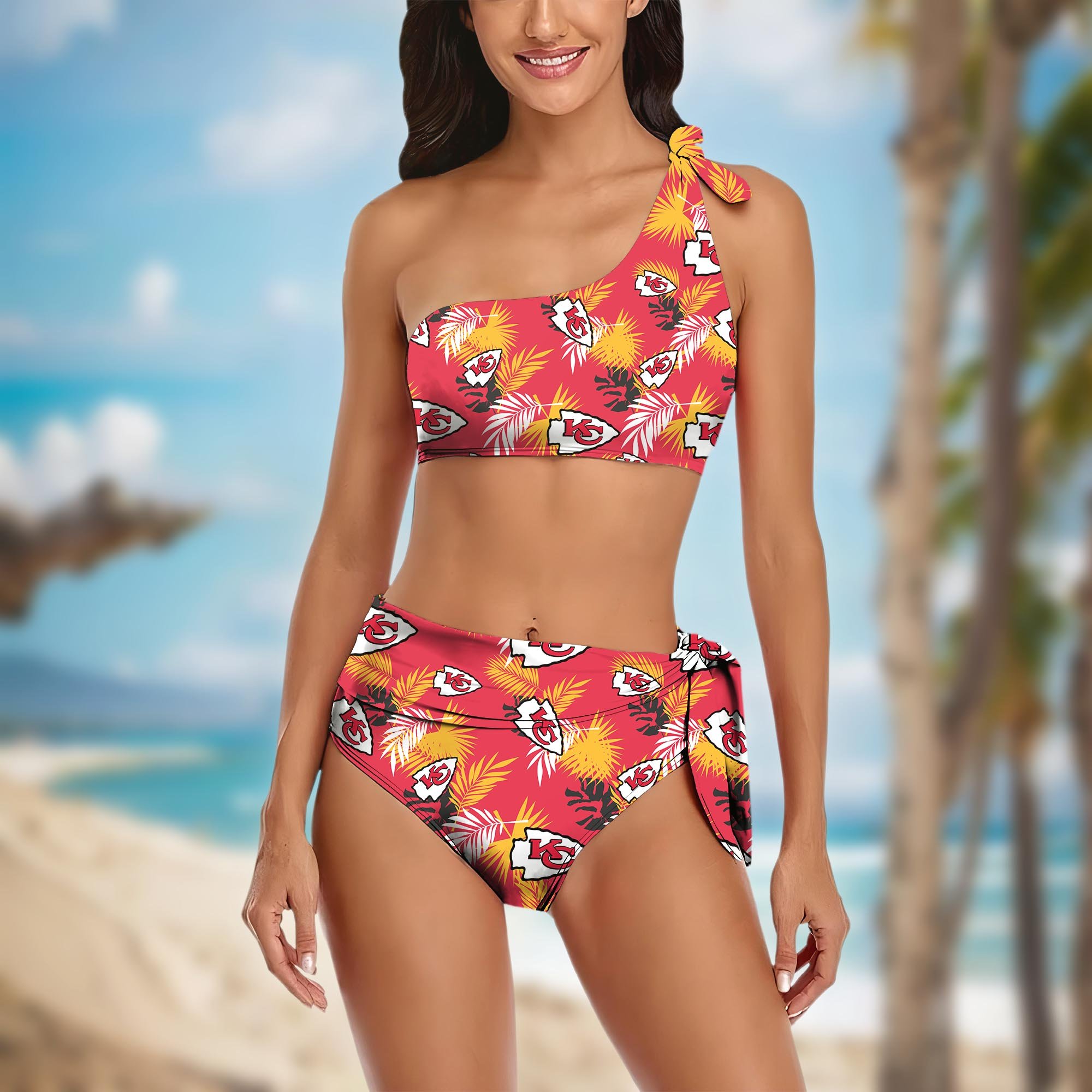 Kansas City Chiefs Women's One-shoulder Two Piece Swimsuit Set Custom Your Name, Bikini Suit Set, Football Gift EHIVM-03261465