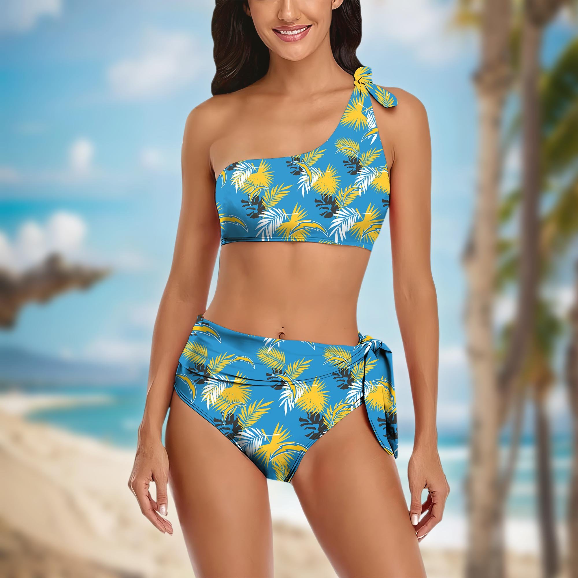 Los Angeles Chargers Women's One-shoulder Two Piece Swimsuit Set Custom Your Name, Bikini Suit Set, Football Gift EHIVM-03261465