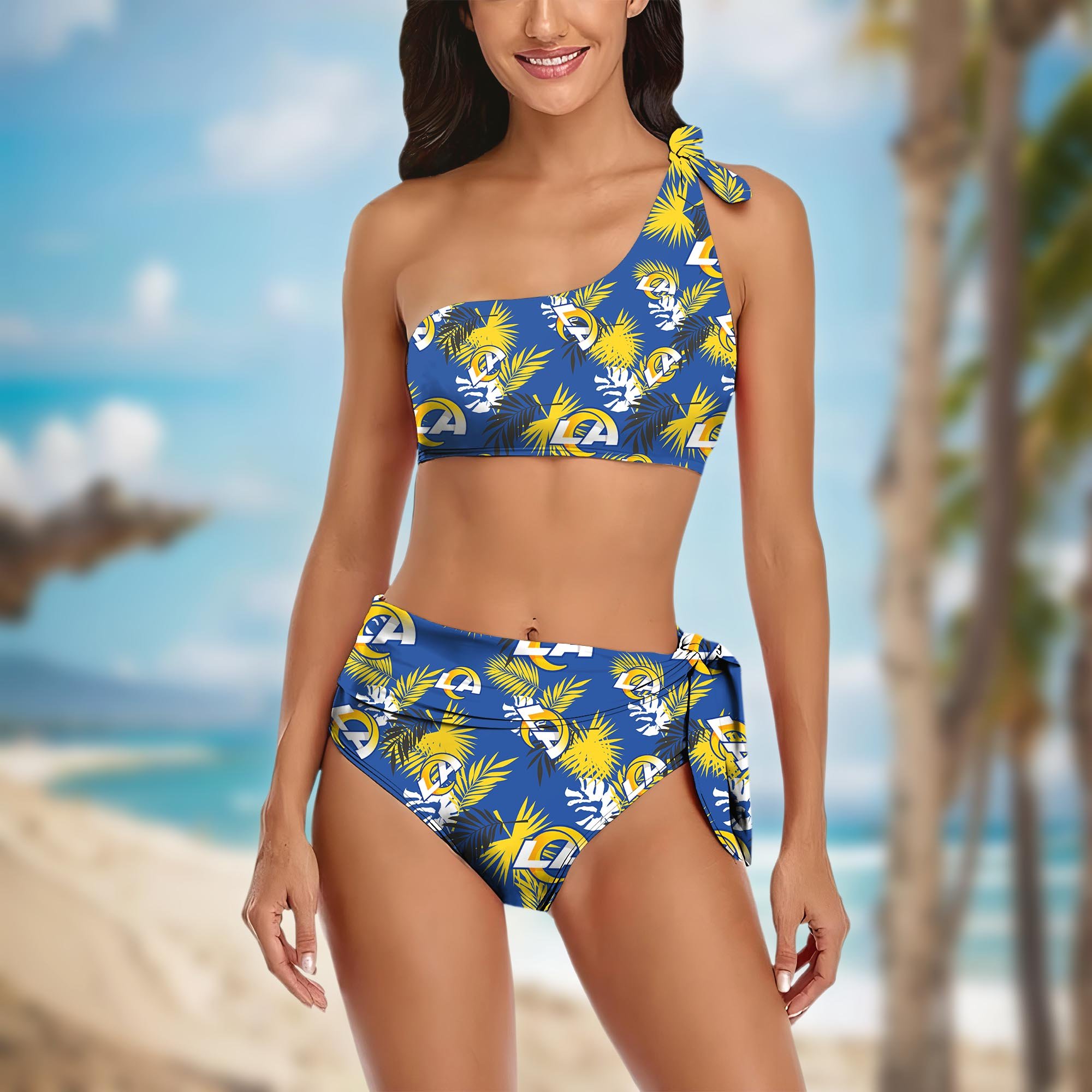 Los Angeles Rams Women's One-shoulder Two Piece Swimsuit Set Custom Your Name, Bikini Suit Set, Football Gift EHIVM-03261465