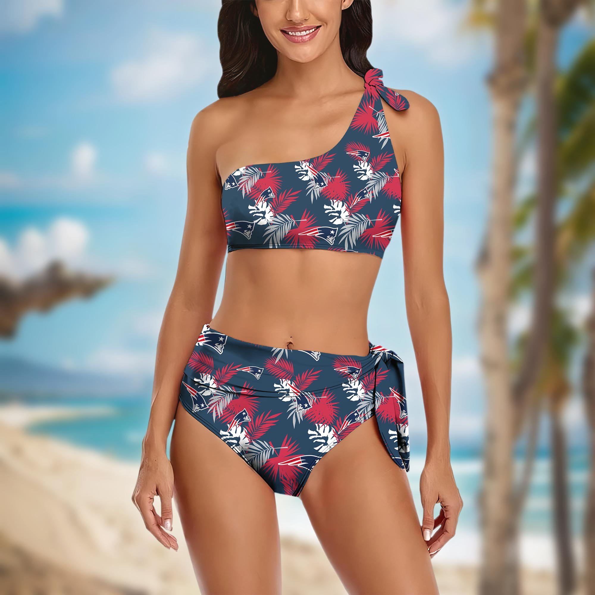 New England Patriots Women's One-shoulder Two Piece Swimsuit Set Custom Your Name, Bikini Suit Set, Football Gift EHIVM-03261465
