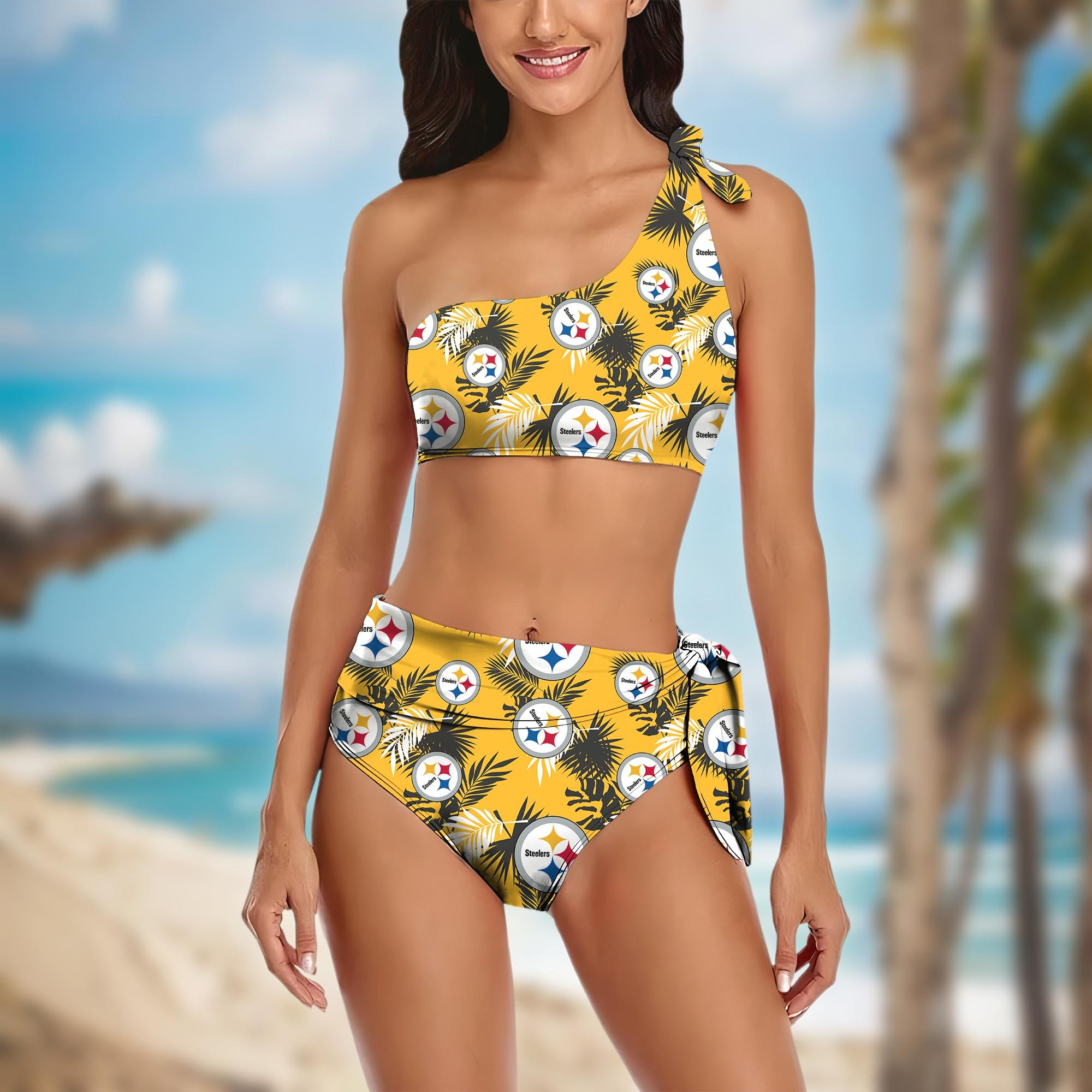 Pittsburgh Steelers Women's One-shoulder Two Piece Swimsuit Set Custom Your Name, Bikini Suit Set, Football Gift EHIVM-03261465