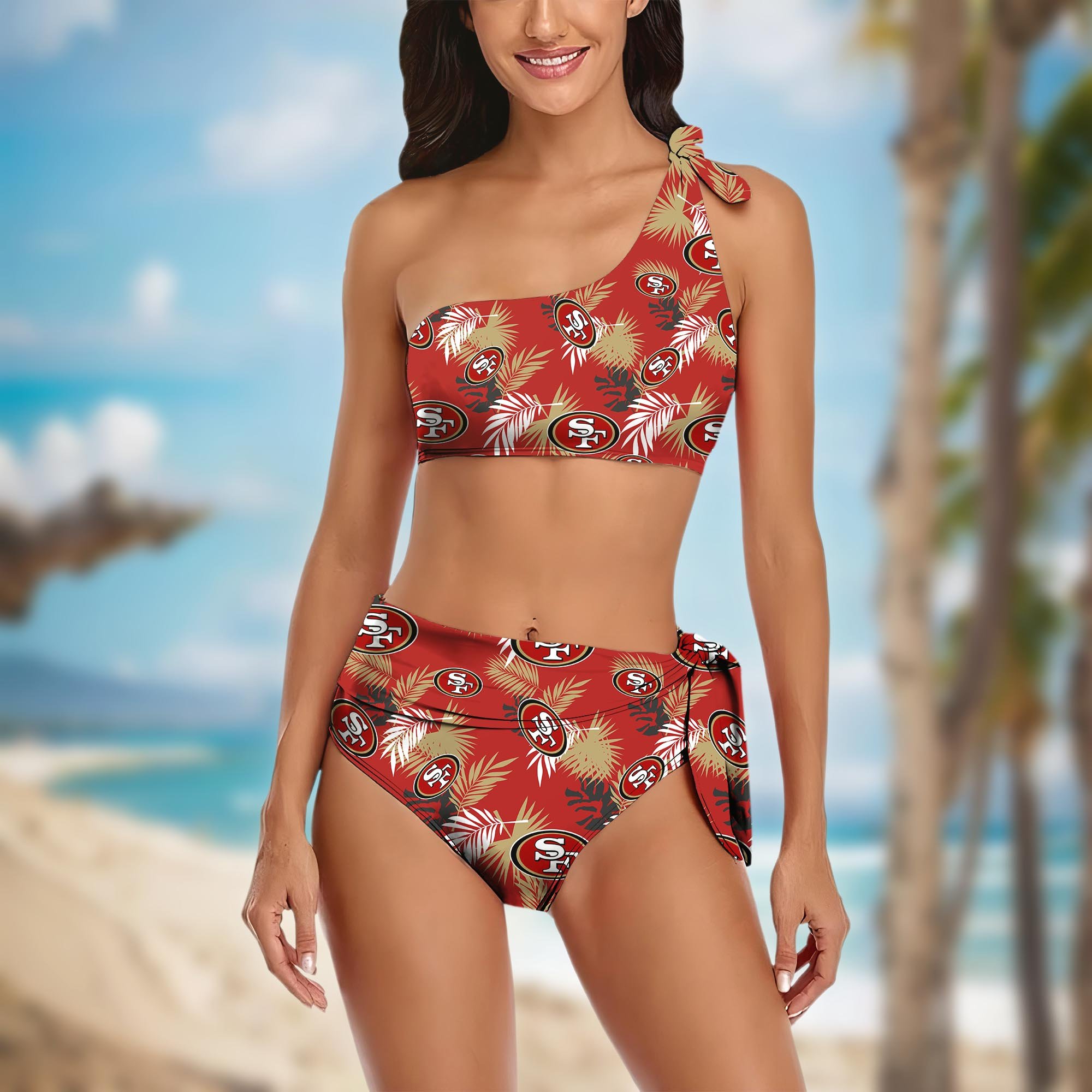 San Francisco 49ers Women's One-shoulder Two Piece Swimsuit Set Custom Your Name, Bikini Suit Set, Football Gift EHIVM-03261465