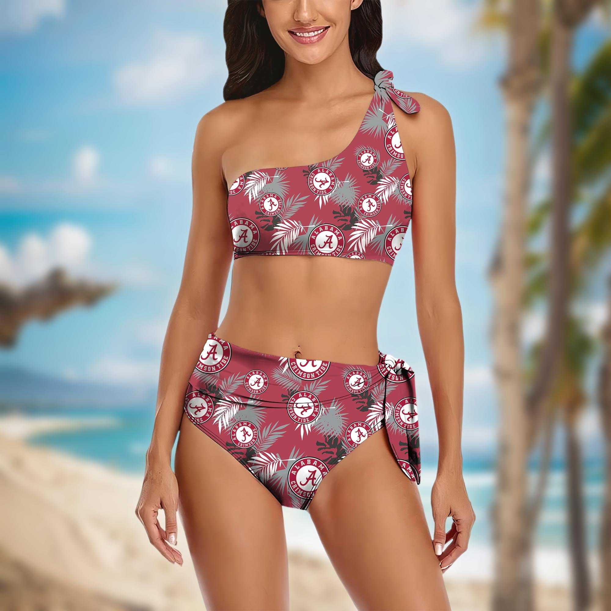 Alabama Crimson Tide Women's One-shoulder Two Piece Swimsuit Set Custom Your Name, Bikini Suit Set, Football Gift EHIVM-04011567