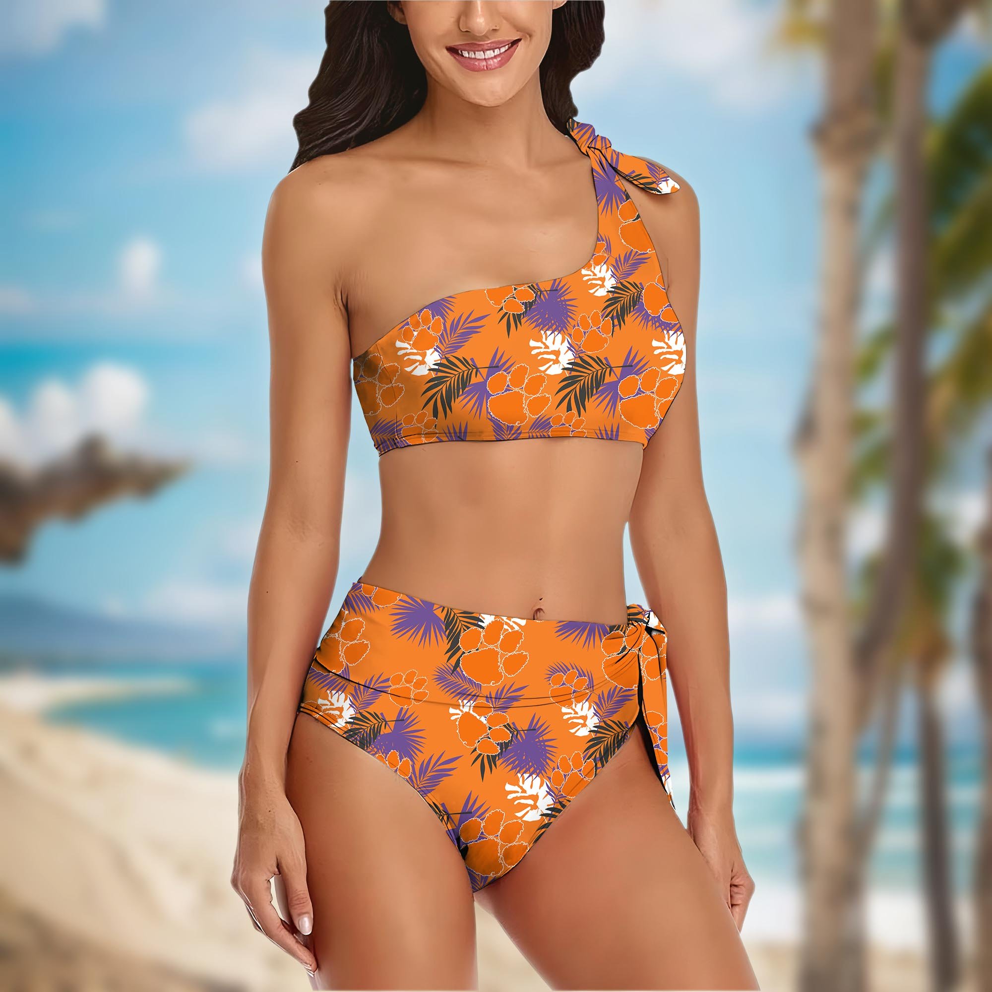Alternative view of Clemson Tigers Women's One-shoulder Two Piece Swimsuit Set Custom Your Name, Bikini Suit Set, Football Gift EHIVM-04011567