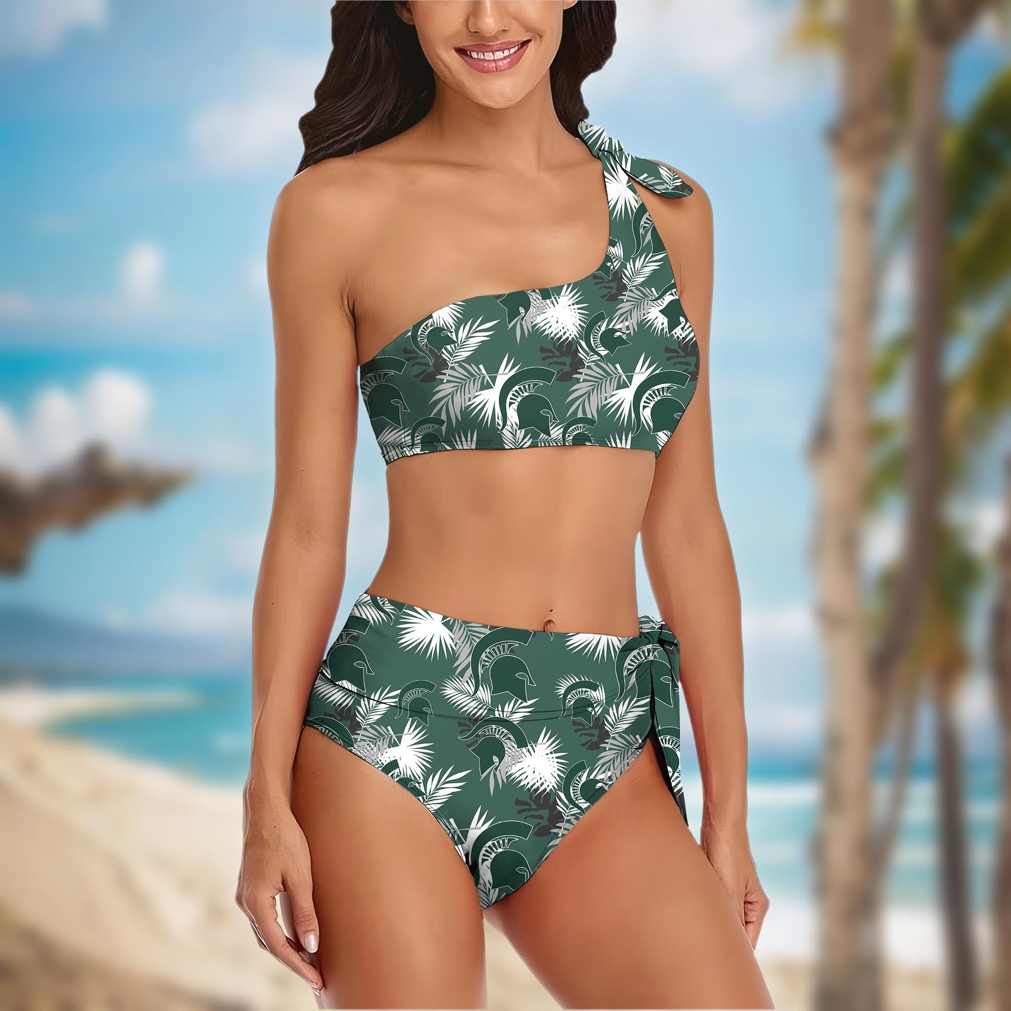 Alternative view of Michigan State Spartans Women's One-shoulder Two Piece Swimsuit Set Custom Your Name, Bikini Suit Set, Football Gift EHIVM-04011567