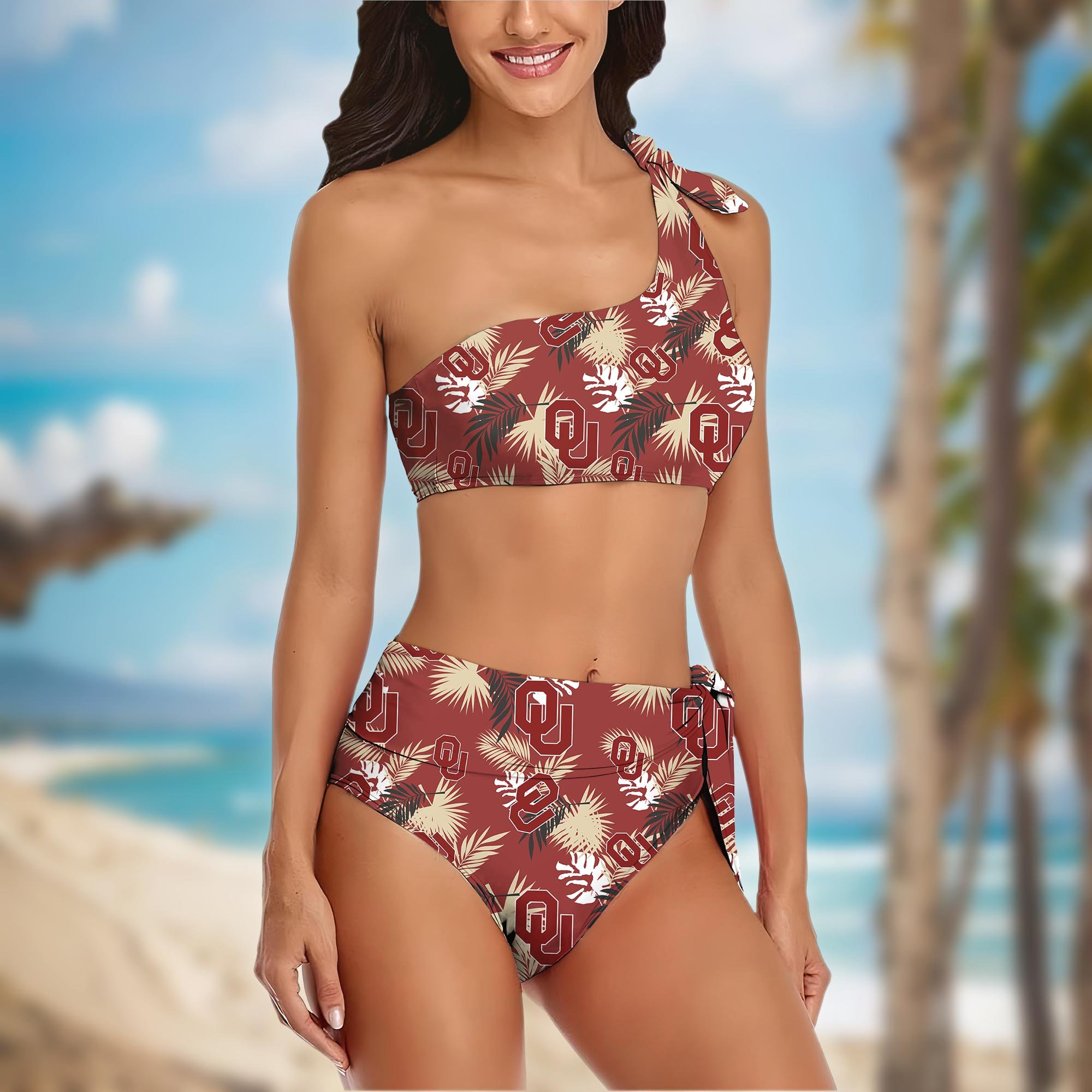 Alternative view of Oklahoma Sooners Women's One-shoulder Two Piece Swimsuit Set Custom Your Name, Bikini Suit Set, Football Gift EHIVM-04011567