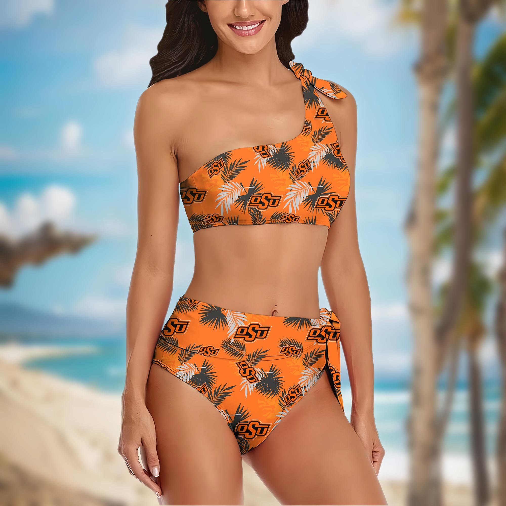 Alternative view of Oklahoma State Cowboys Women's One-shoulder Two Piece Swimsuit Set Custom Your Name, Bikini Suit Set, Football Gift EHIVM-04011567