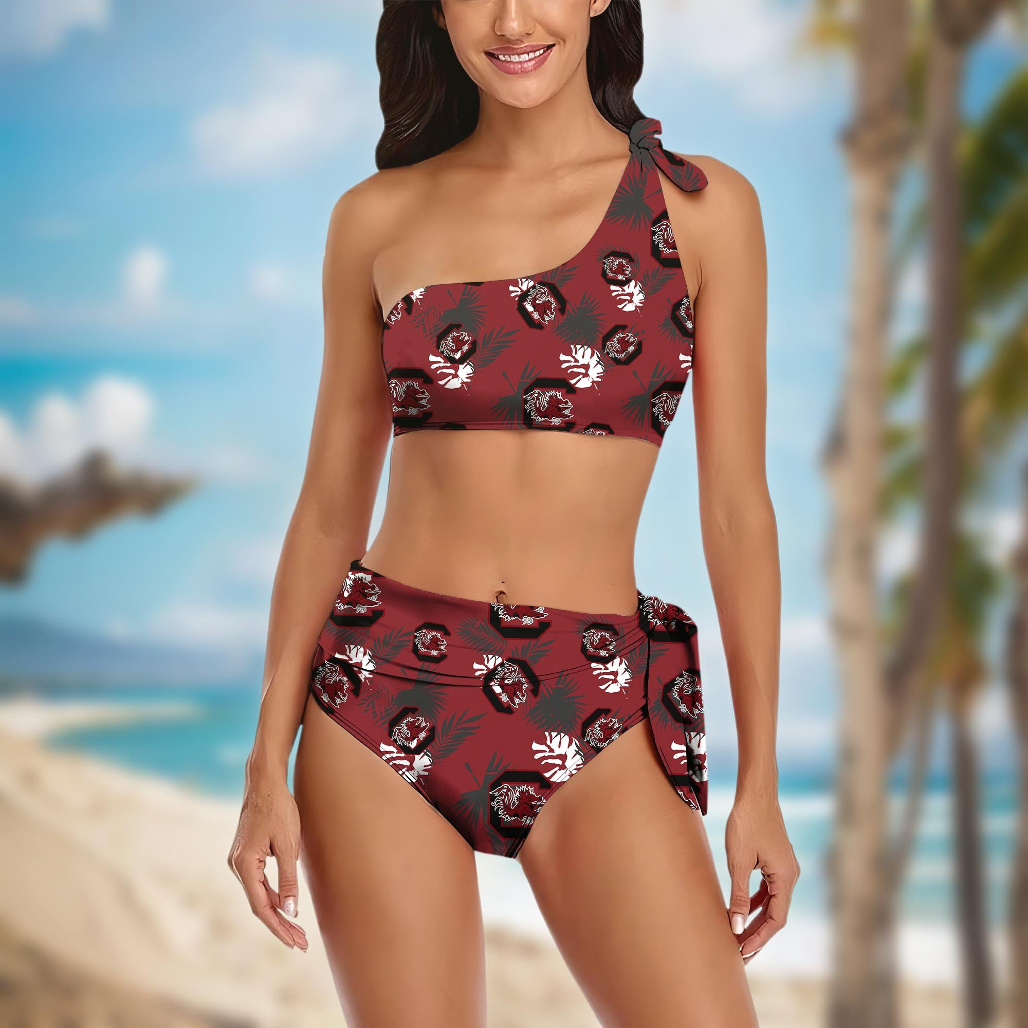 South Carolina Gamecocks Women's One-shoulder Two Piece Swimsuit Set Custom Your Name, Bikini Suit Set, Football Gift EHIVM-04011567