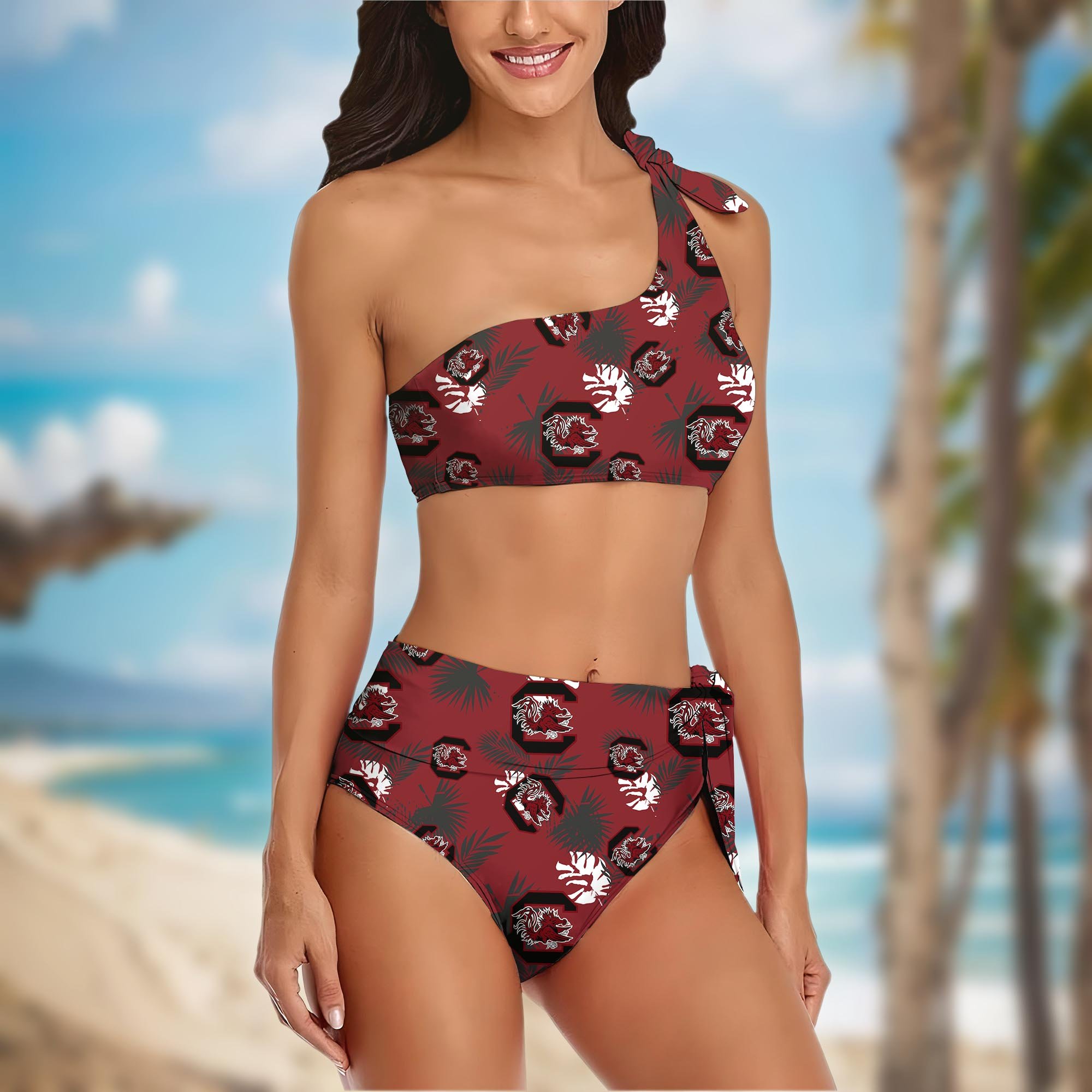 Alternative view of South Carolina Gamecocks Women's One-shoulder Two Piece Swimsuit Set Custom Your Name, Bikini Suit Set, Football Gift EHIVM-04011567
