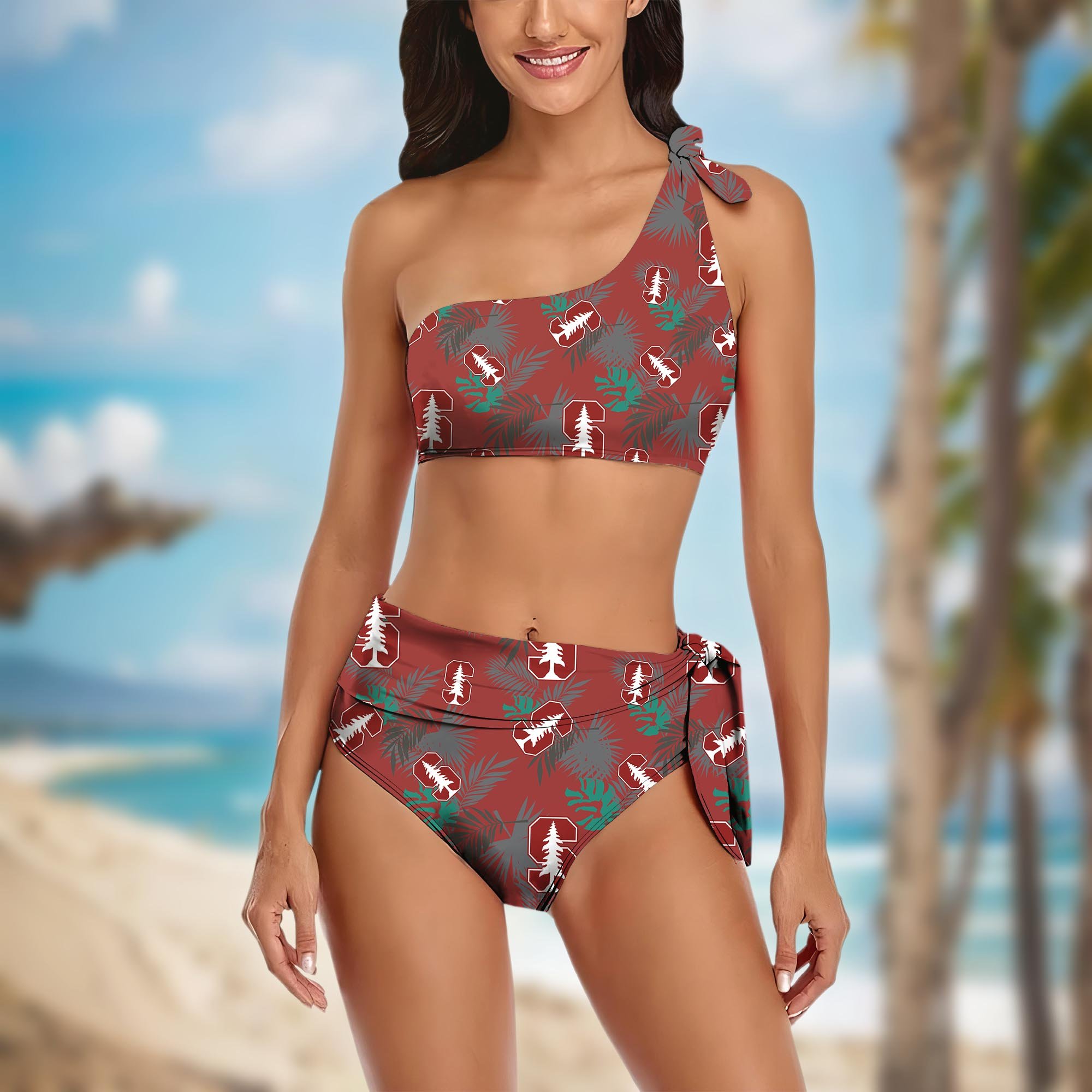 Stanford Cardinal Women's One-shoulder Two Piece Swimsuit Set Custom Your Name, Bikini Suit Set, Football Gift EHIVM-04011567