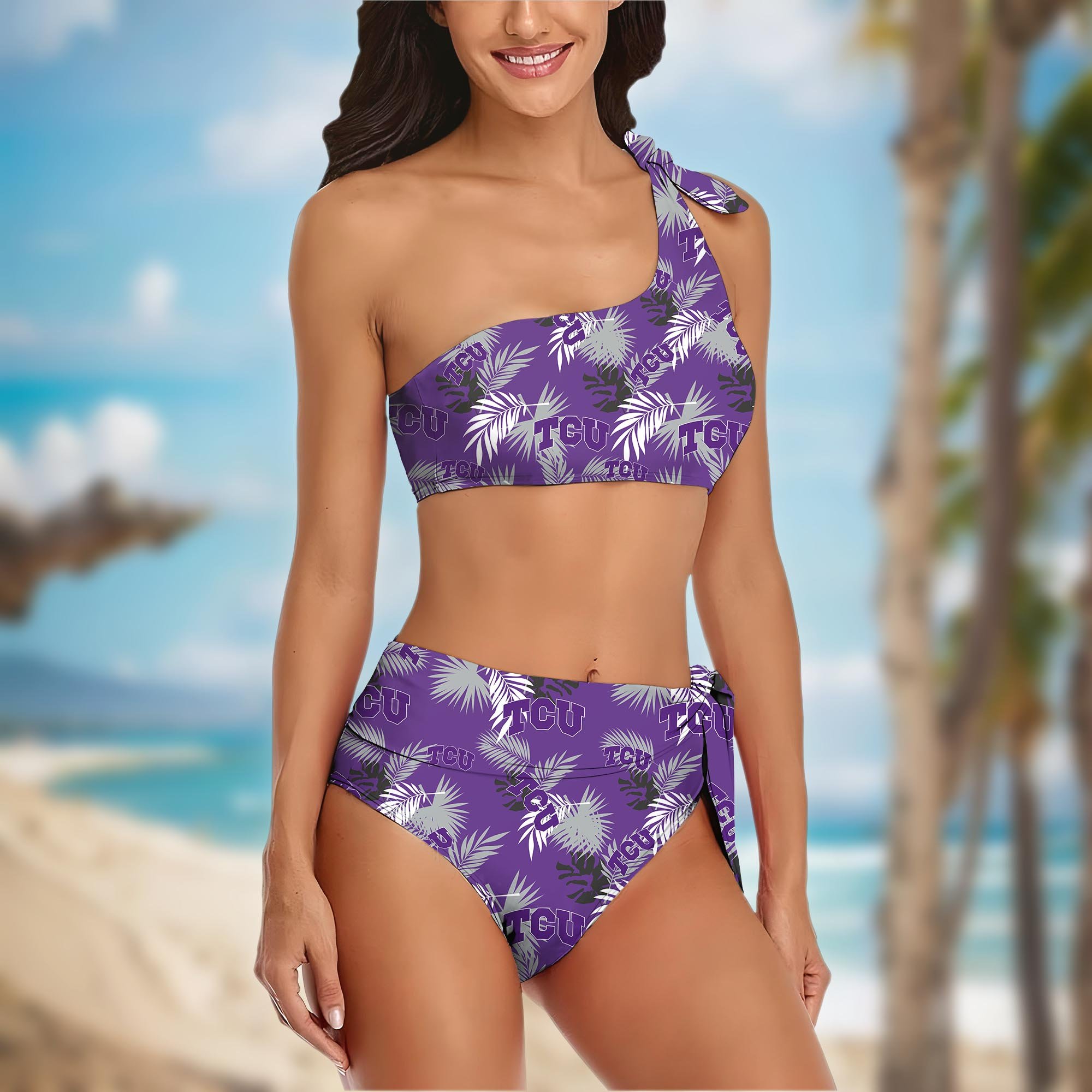 Alternative view of TCU Horned Frogs Women's One-shoulder Two Piece Swimsuit Set Custom Your Name, Bikini Suit Set, Football Gift EHIVM-04011567