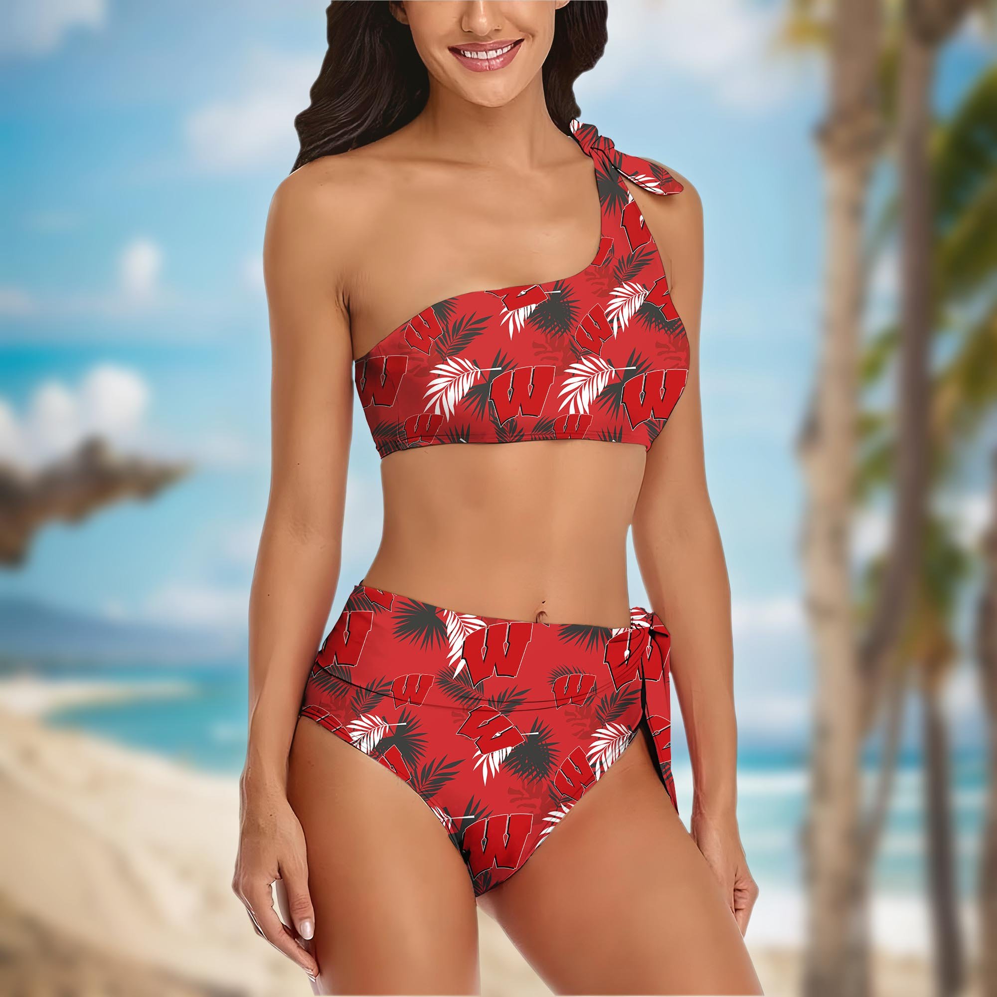 Alternative view of Wisconsin Badgers Women's One-shoulder Two Piece Swimsuit Set Custom Your Name, Bikini Suit Set, Football Gift EHIVM-04011567