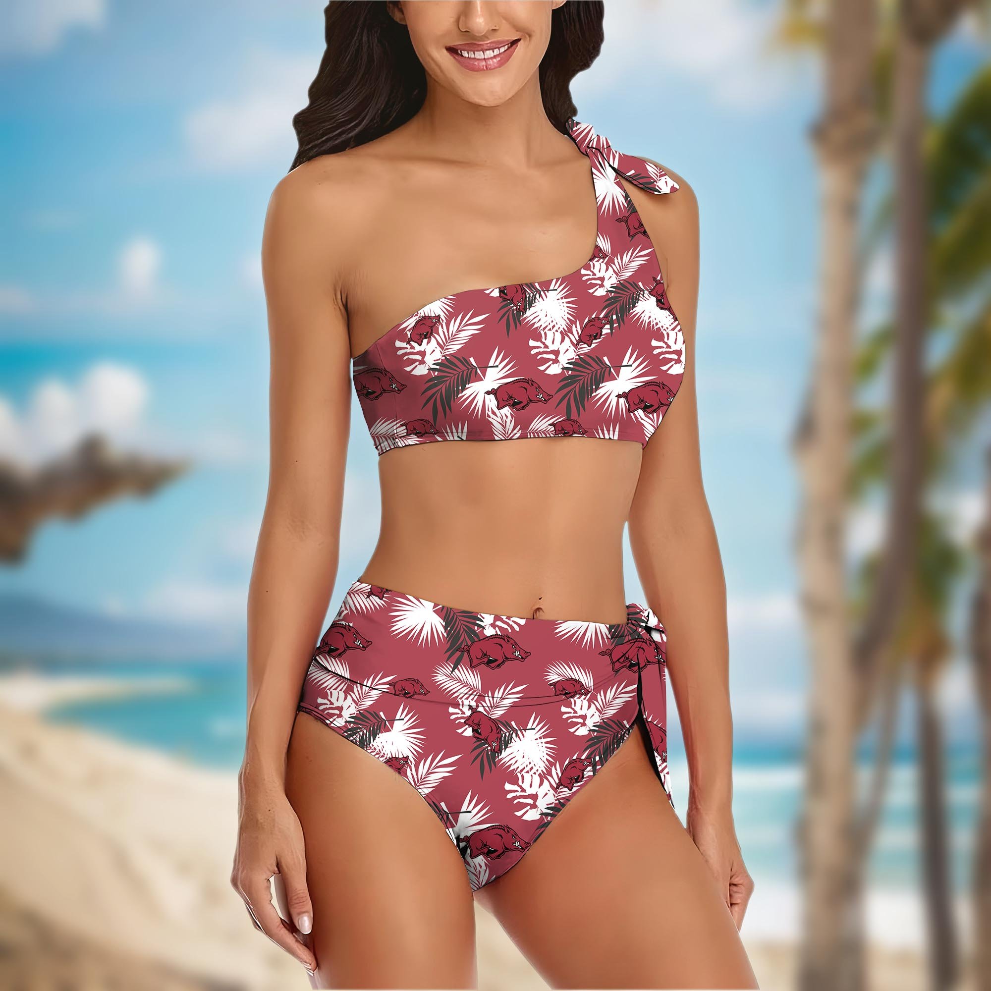 Alternative view of Arkansas Razorbacks Women's One-shoulder Two Piece Swimsuit Set Custom Your Name, Bikini Suit Set, Football Gift EHIVM-04011567