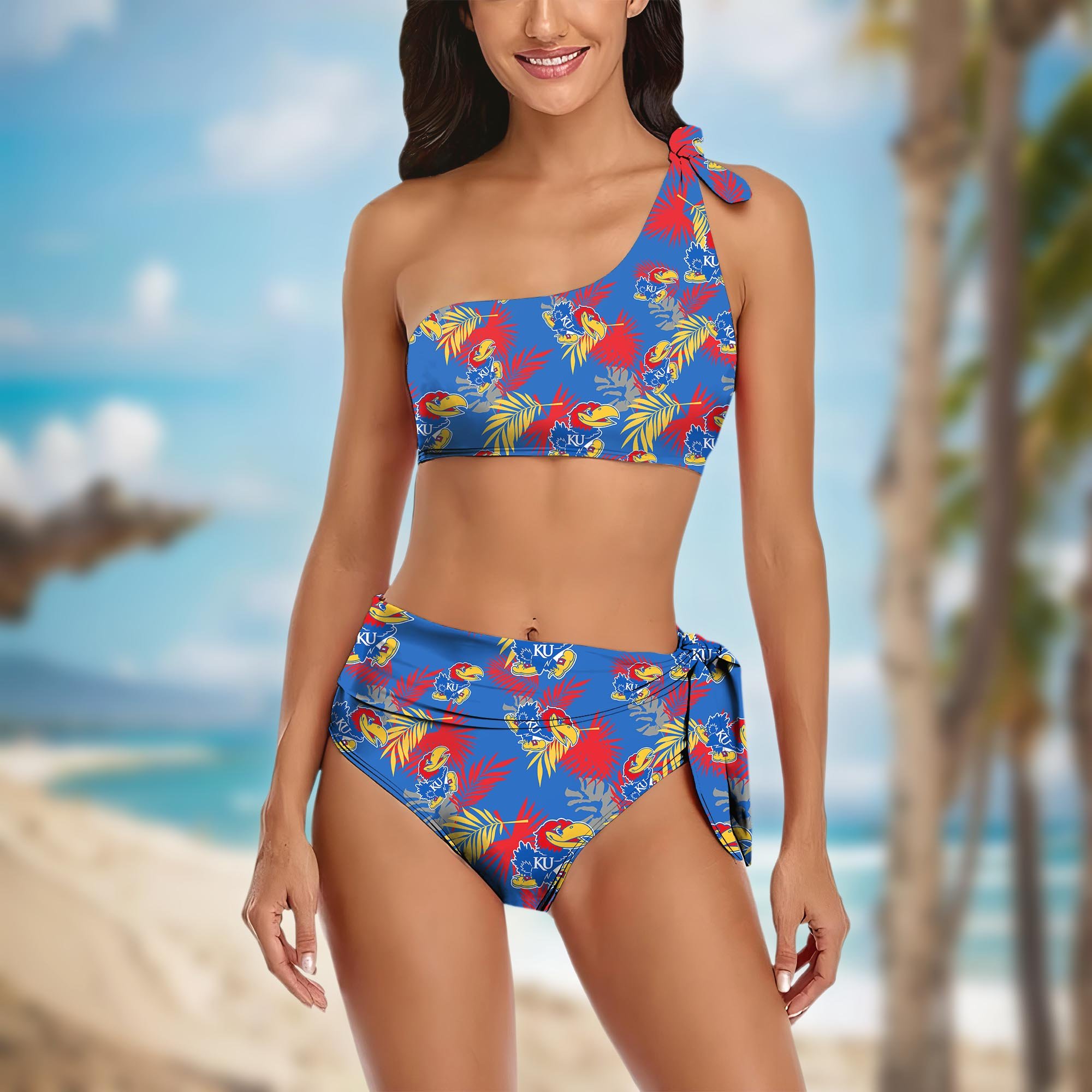 Kansas Jayhawks Women's One-shoulder Two Piece Swimsuit Set Custom Your Name, Bikini Suit Set, Football Gift EHIVM-04011567