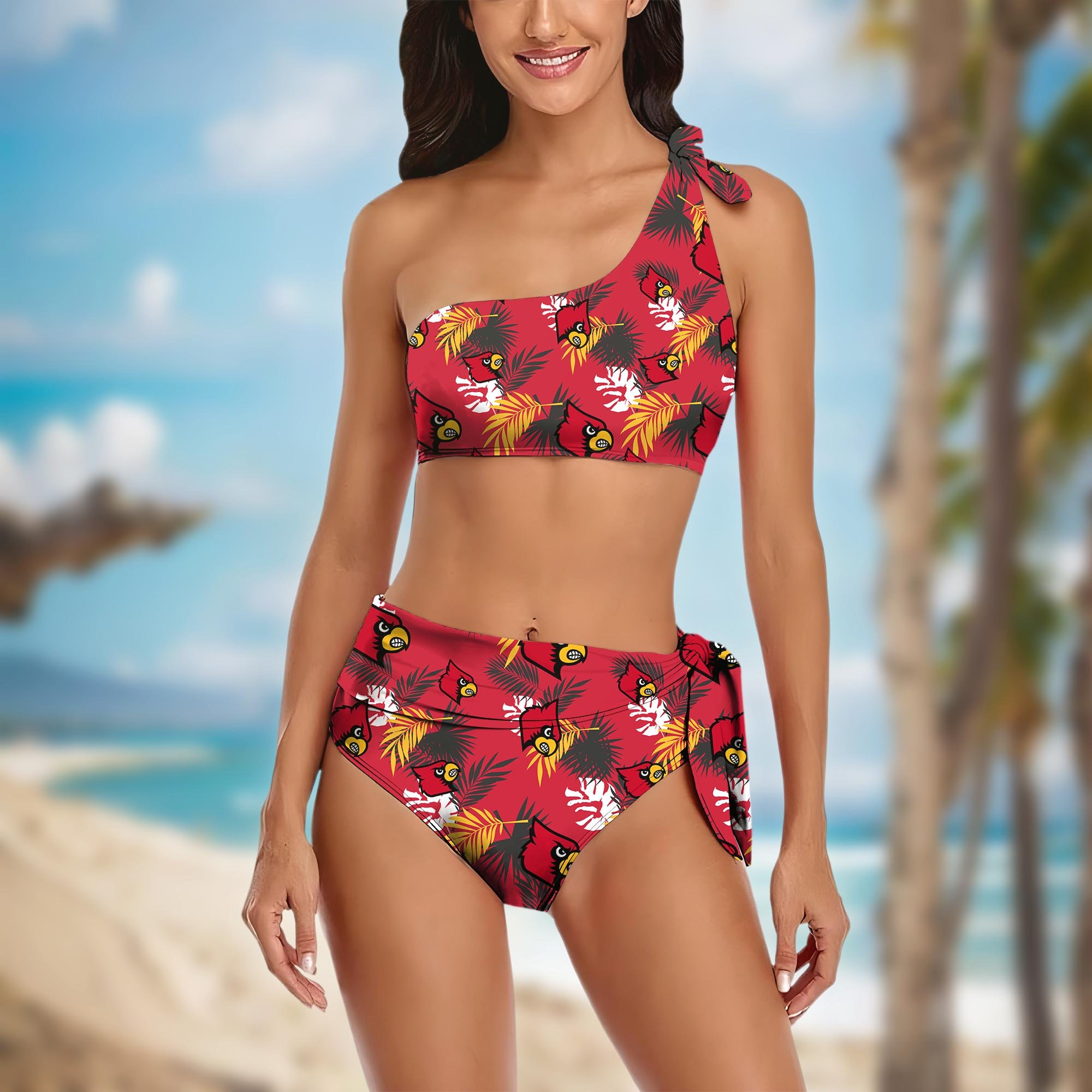 Louisville Cardinals Women's One-shoulder Two Piece Swimsuit Set Custom Your Name, Bikini Suit Set, Football Gift EHIVM-04011567