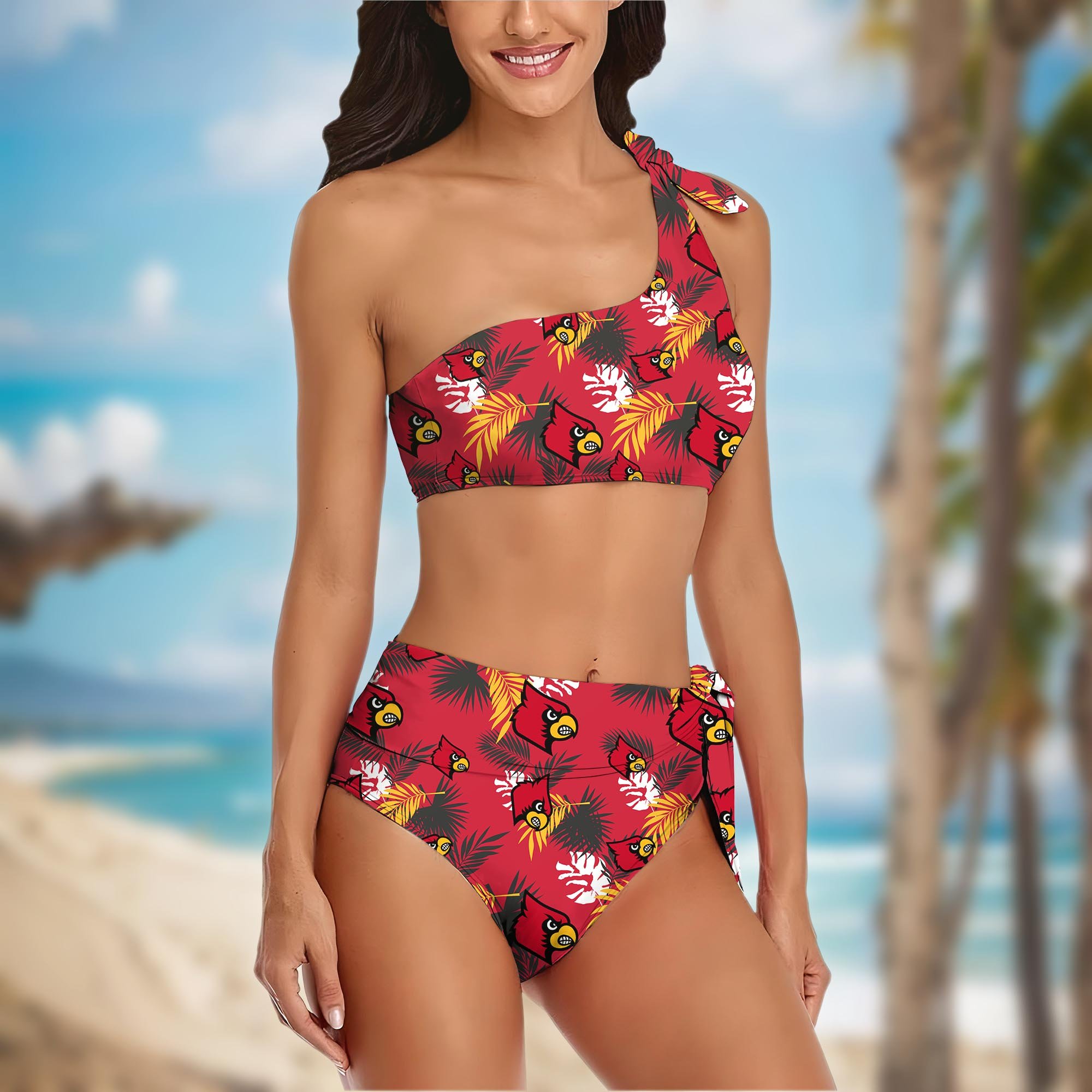 Alternative view of Louisville Cardinals Women's One-shoulder Two Piece Swimsuit Set Custom Your Name, Bikini Suit Set, Football Gift EHIVM-04011567