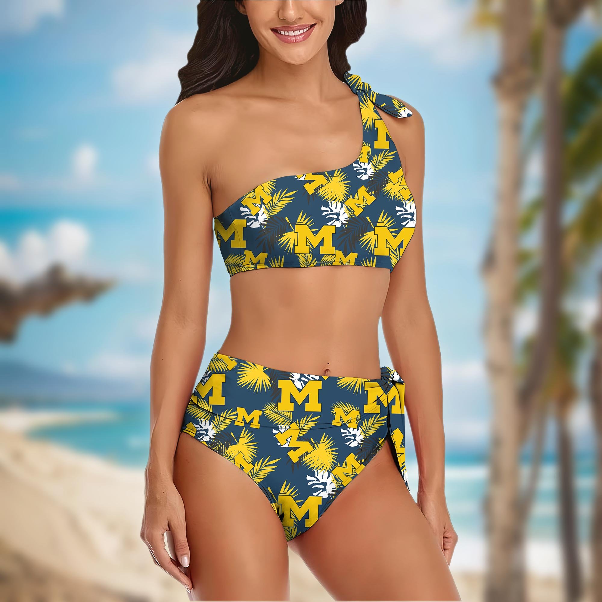 Alternative view of Michigan Wolverines Women's One-shoulder Two Piece Swimsuit Set Custom Your Name, Bikini Suit Set, Football Gift EHIVM-04011567