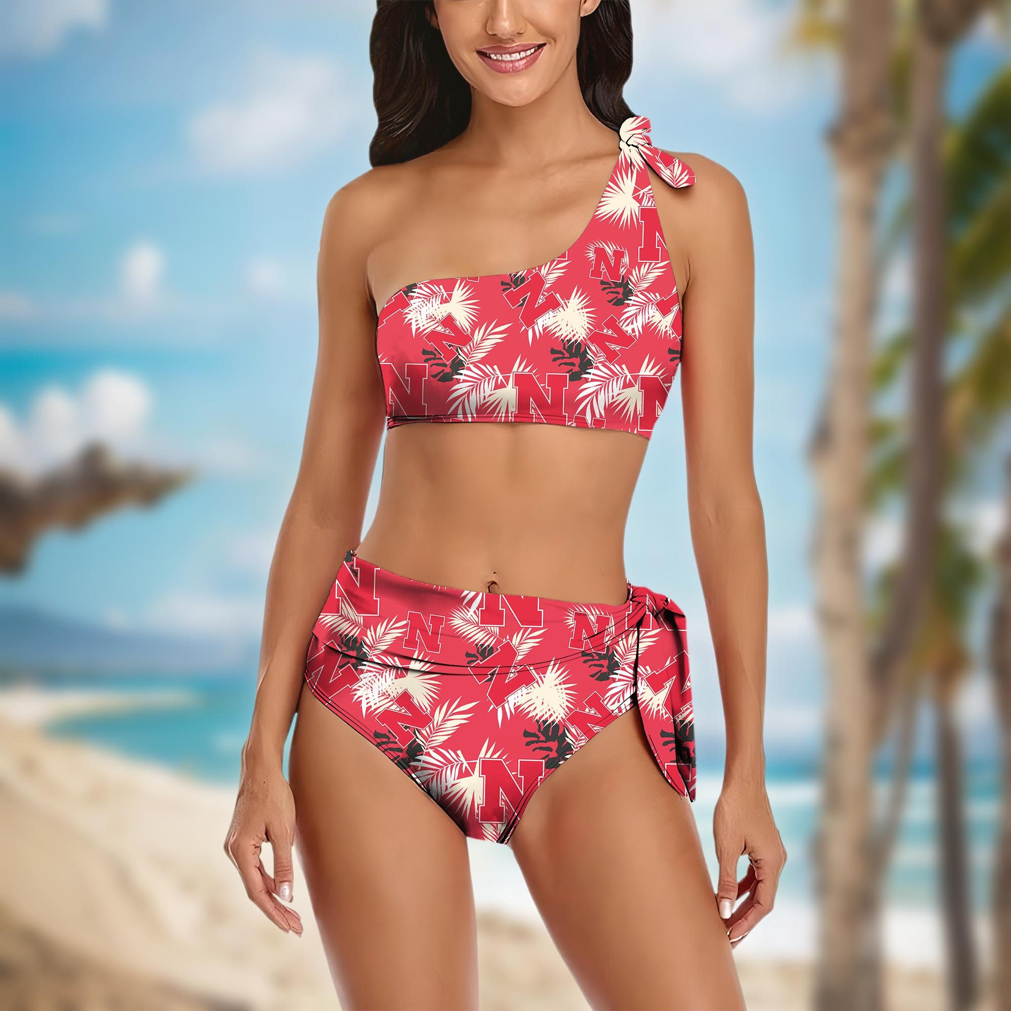 Nebraska Cornhuskers Women's One-shoulder Two Piece Swimsuit Set Custom Your Name, Bikini Suit Set, Football Gift EHIVM-04011567