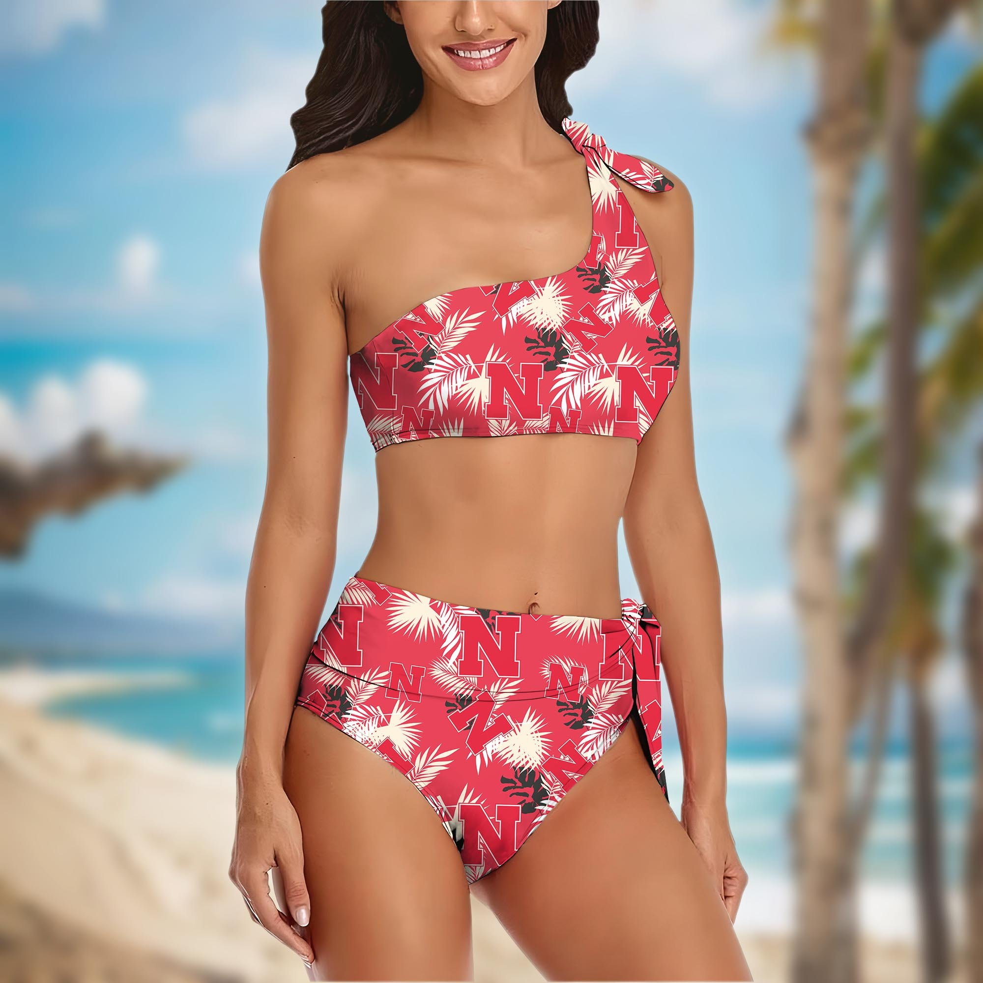 Alternative view of Nebraska Cornhuskers Women's One-shoulder Two Piece Swimsuit Set Custom Your Name, Bikini Suit Set, Football Gift EHIVM-04011567