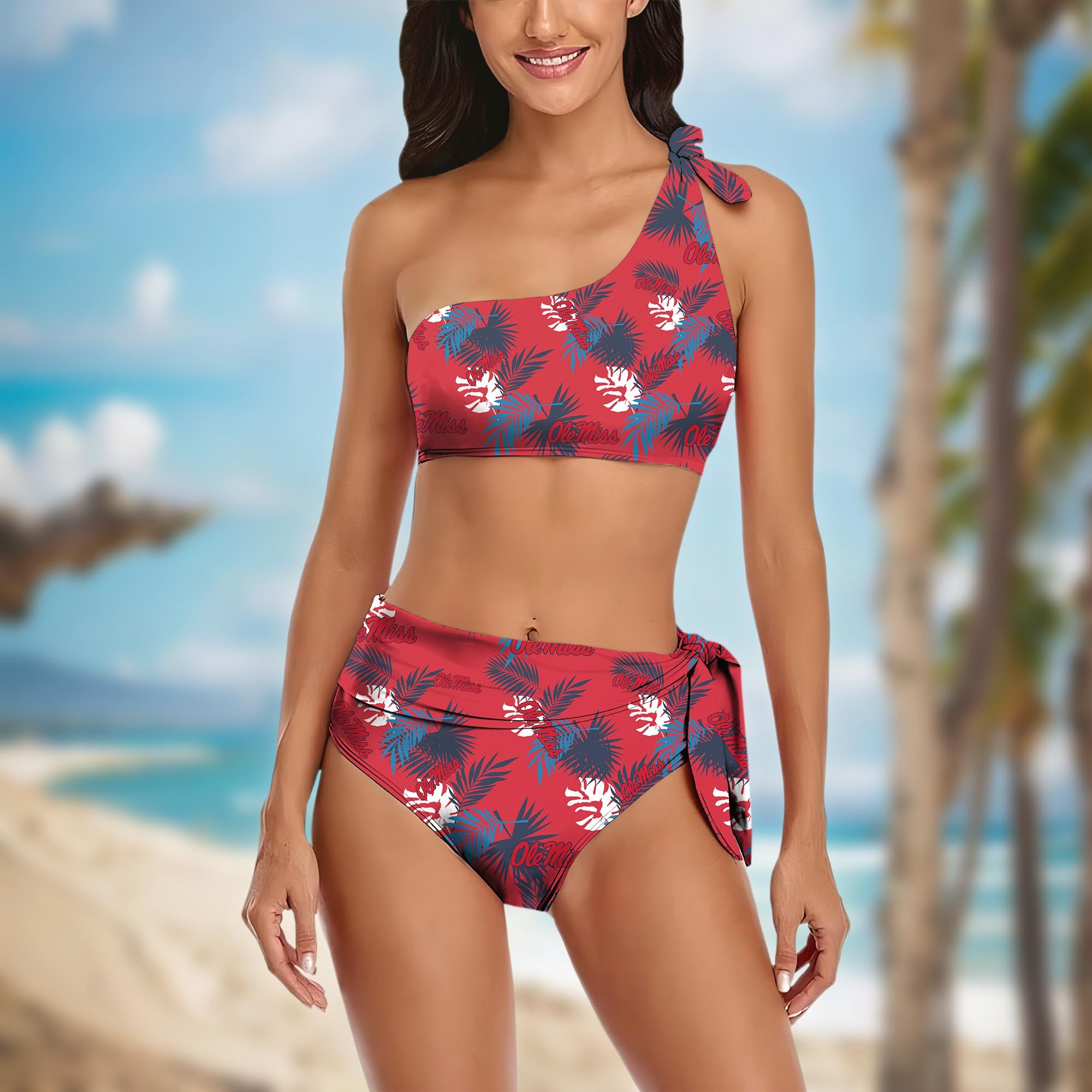 Ole Miss Rebels Women's One-shoulder Two Piece Swimsuit Set Custom Your Name, Bikini Suit Set, Football Gift EHIVM-04011567